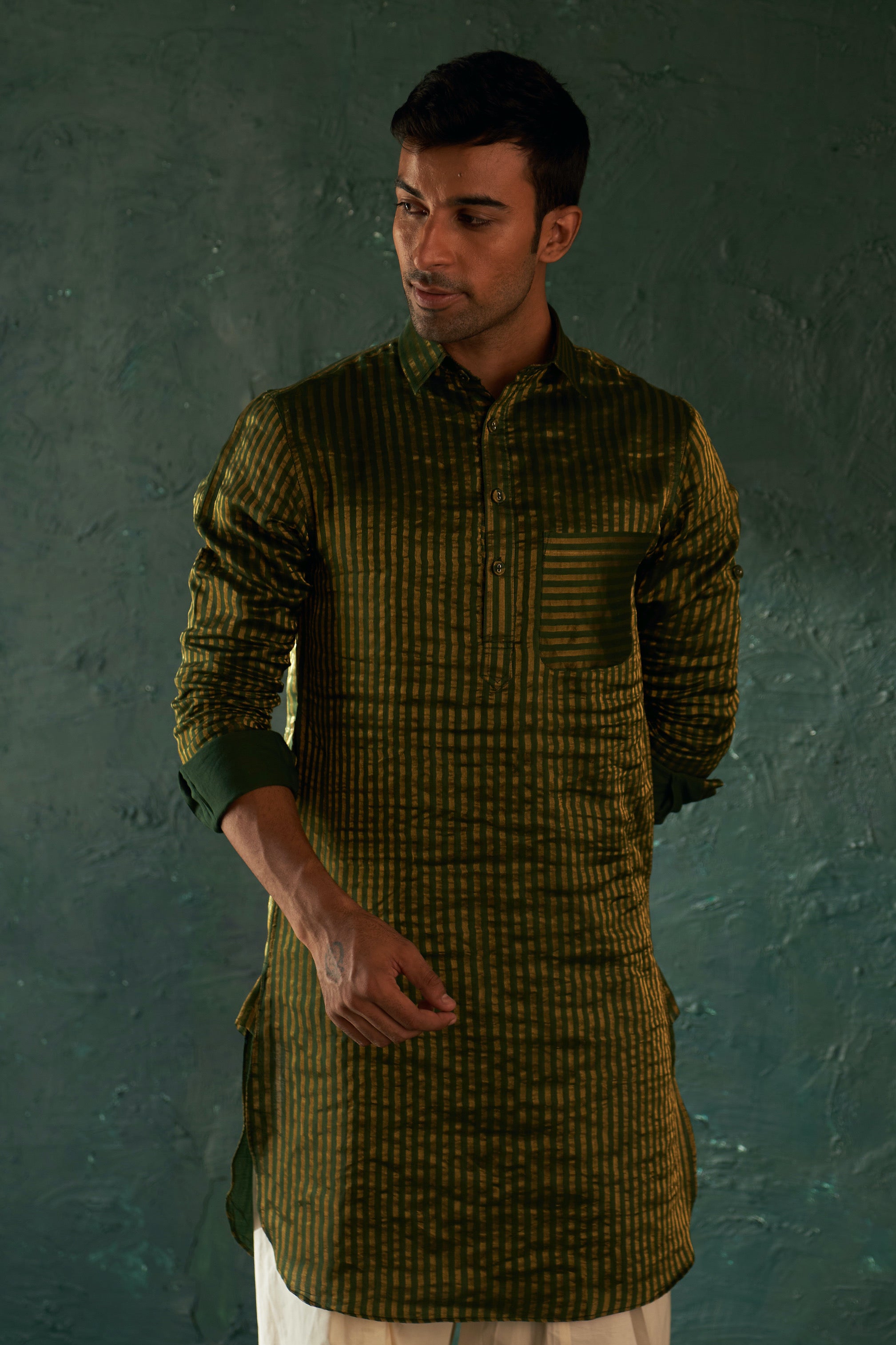 MIDAS DEEP GREEN TISSUE STRIPE PATHANI KURTA WITH SALWAR