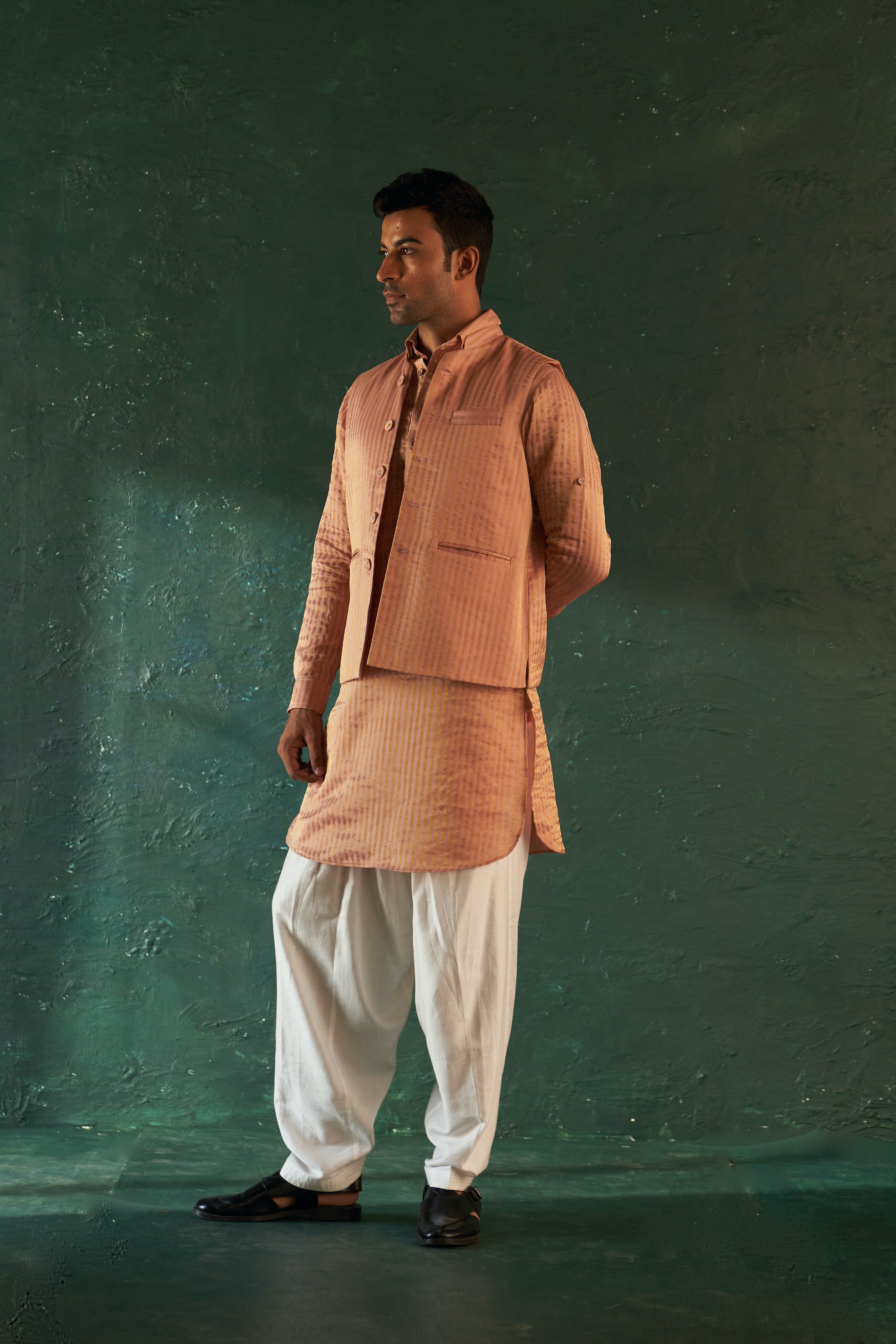 MEN'S ROSE PINK STRIPE PATHANI KURTA SET WITH JACKET