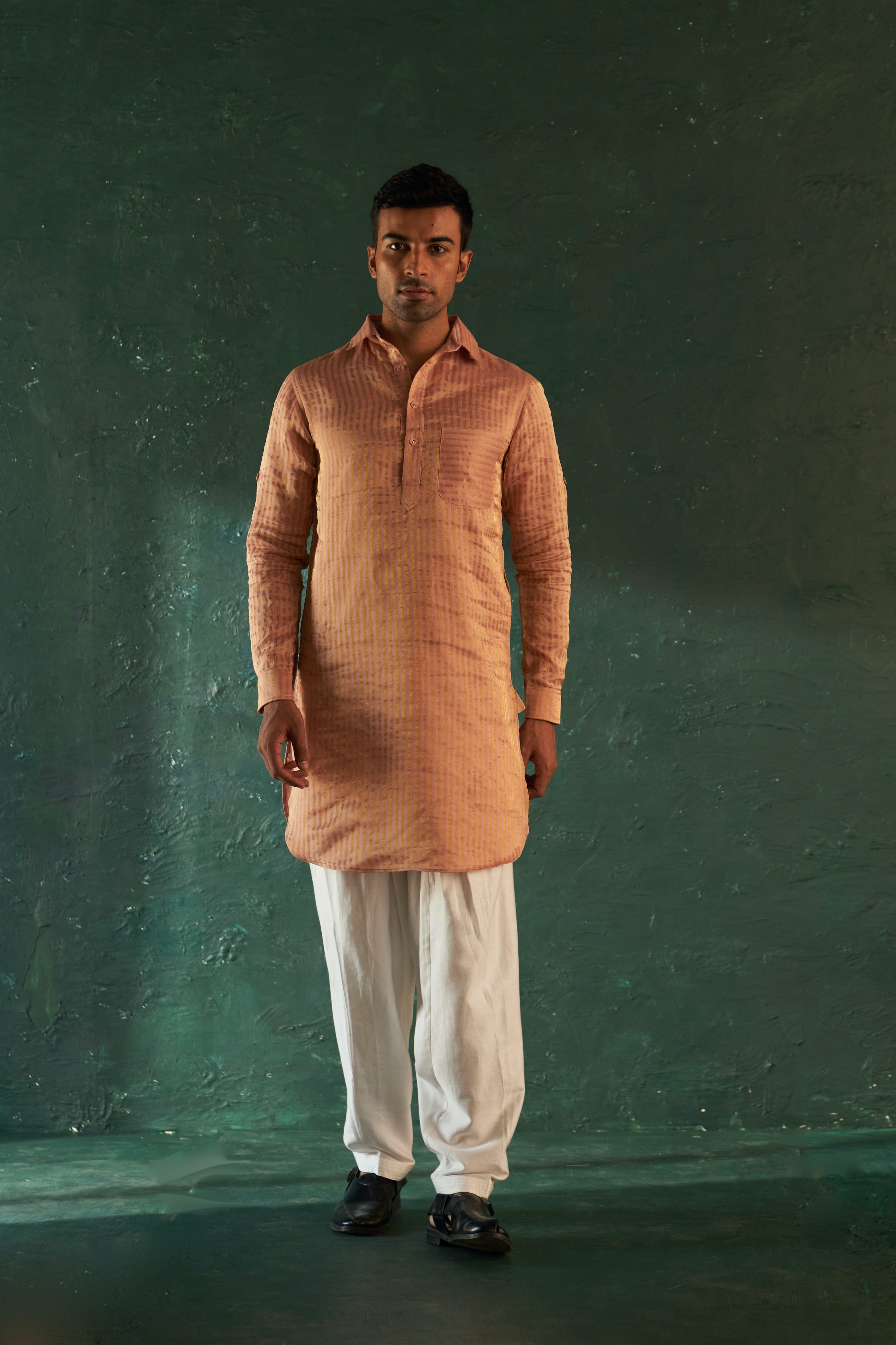 MIDAS OLD ROSE TISSUE STRIPE PATHANI KURTA WITH SALWAR