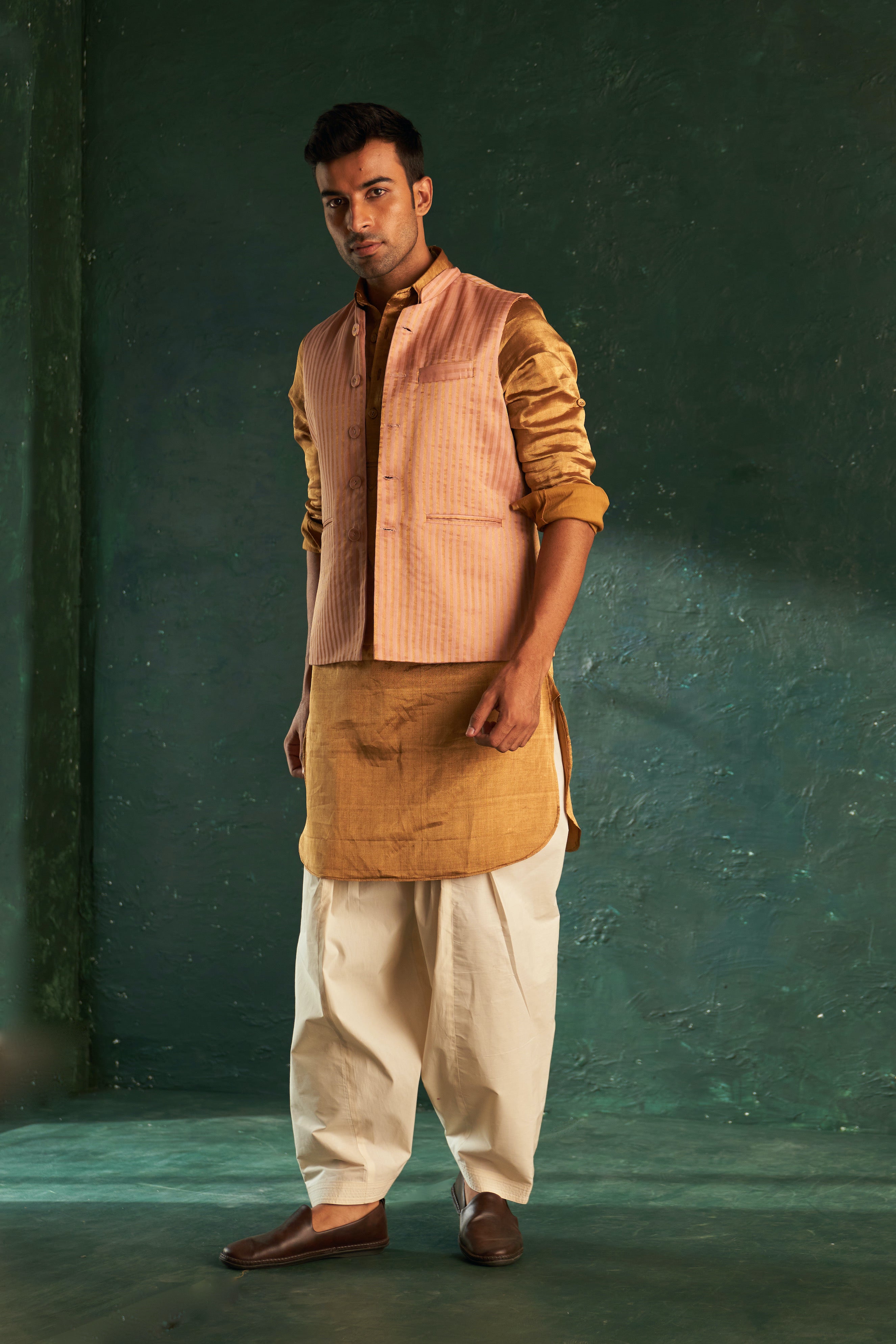 MEN'S GOLD TISSUE PATHANI KURTA SET WITH JACKET