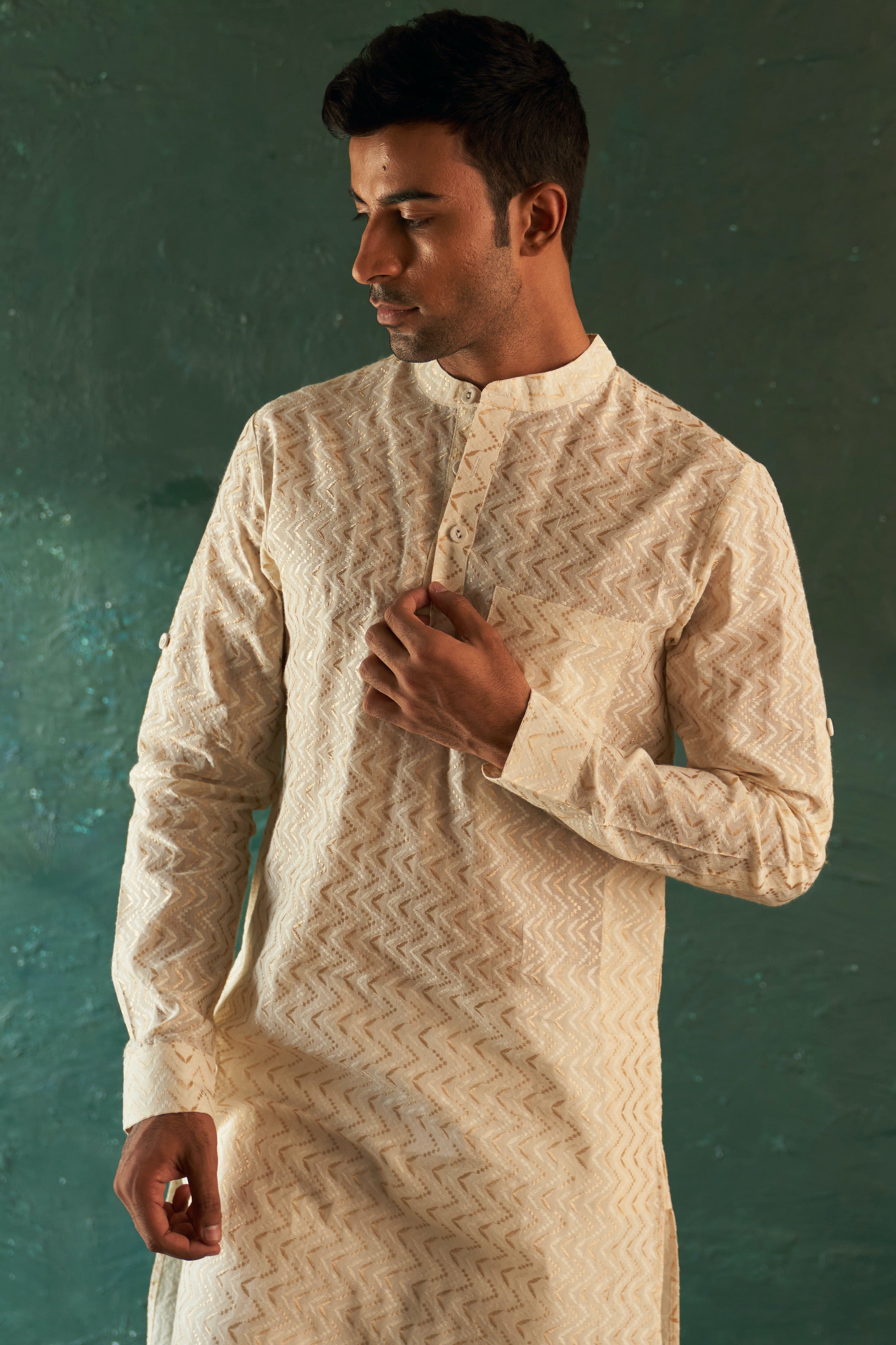 MIDAS IVORY CHEVRON EMBROIDERED KURTA WITH PANT