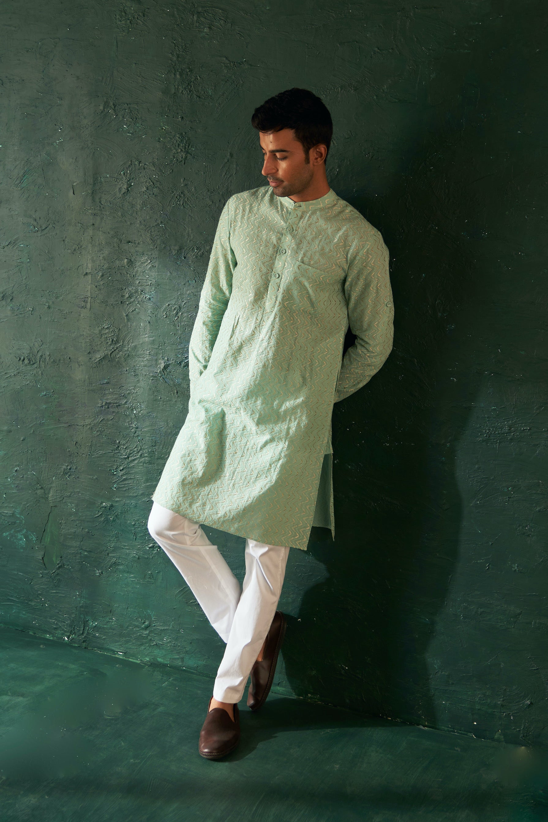 MIDAS AQUA GREEN CHEVRON EMBROIDERED KURTA WITH PANT