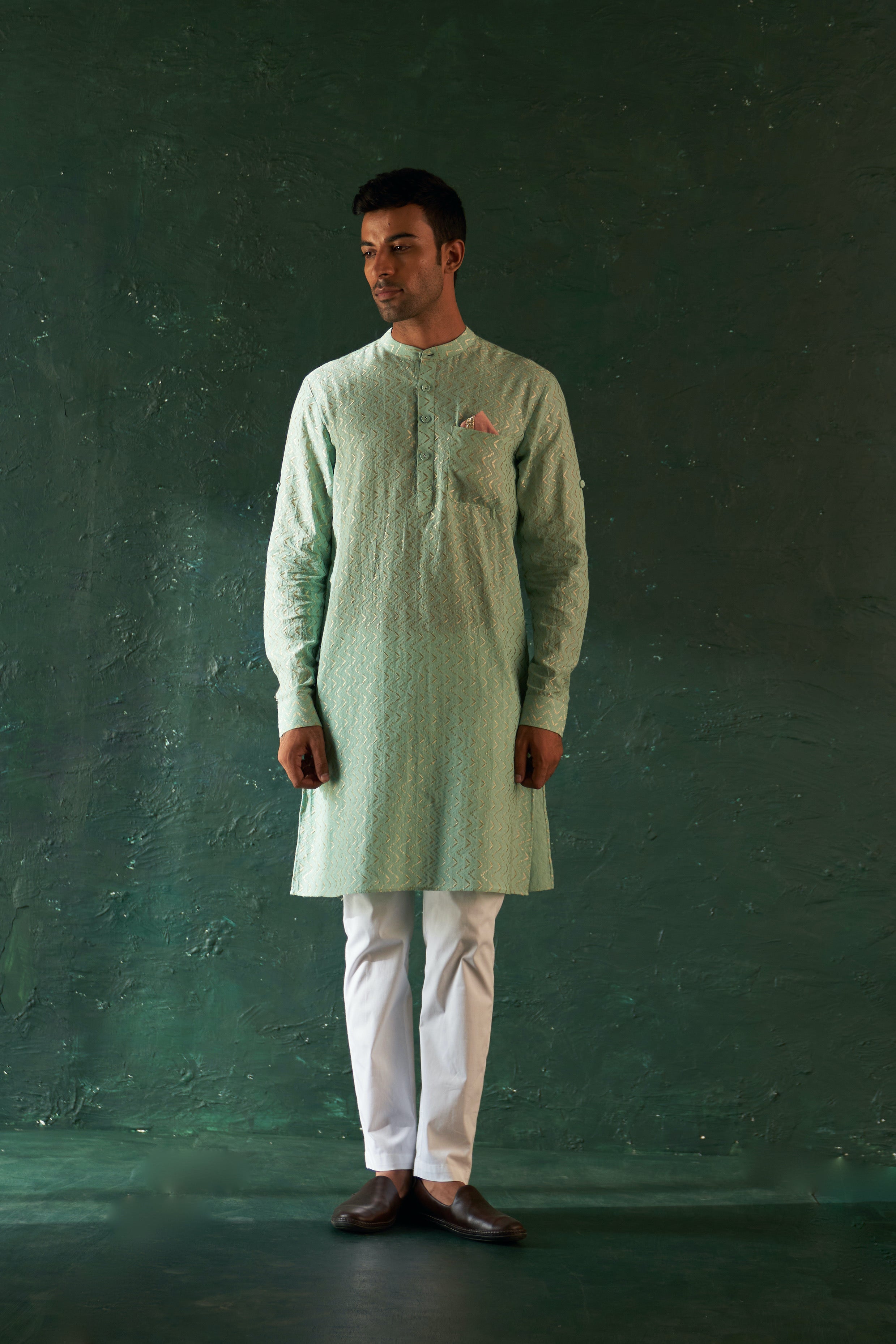 MIDAS AQUA GREEN CHEVRON EMBROIDERED KURTA WITH PANT