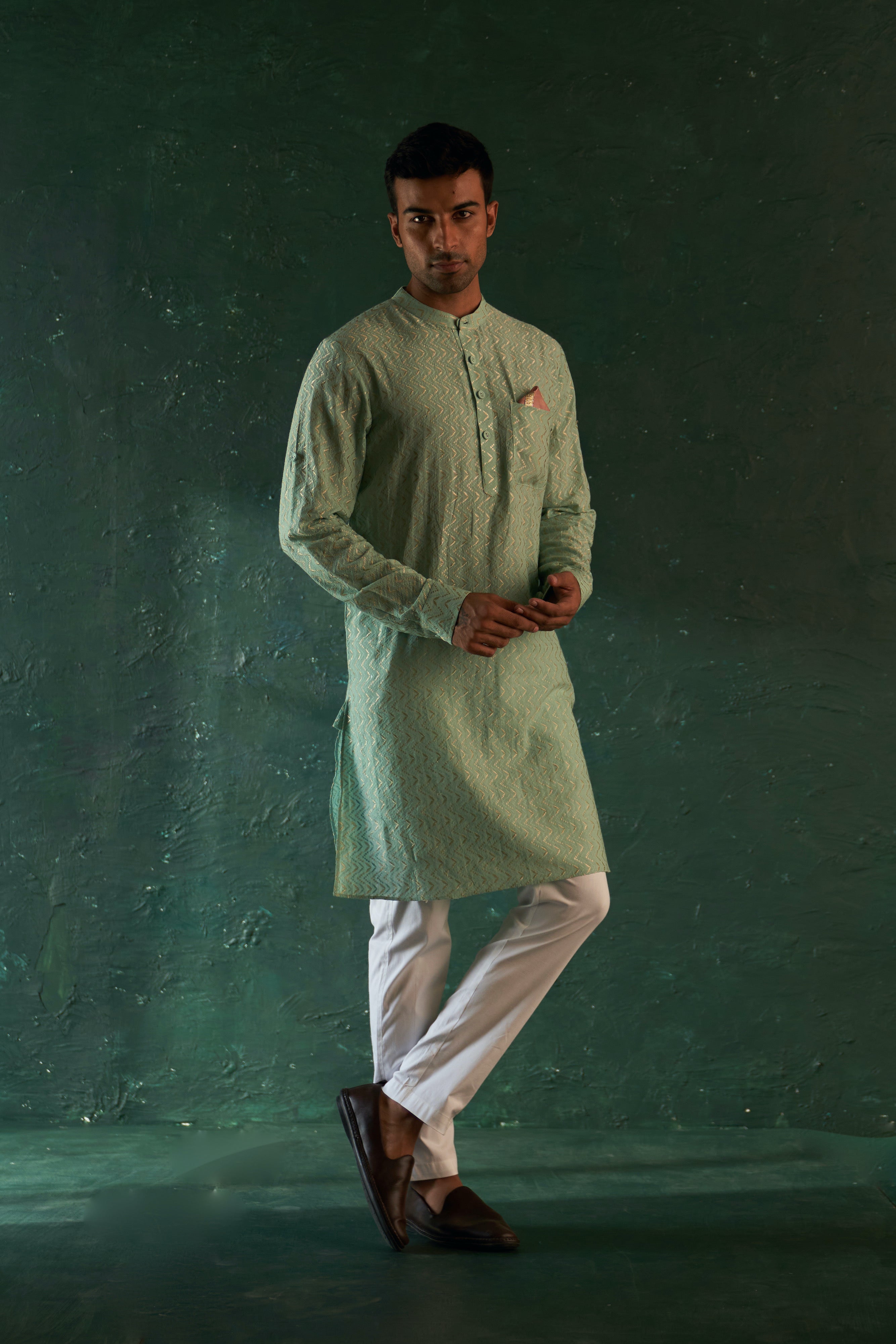 MIDAS AQUA GREEN CHEVRON EMBROIDERED KURTA WITH PANT