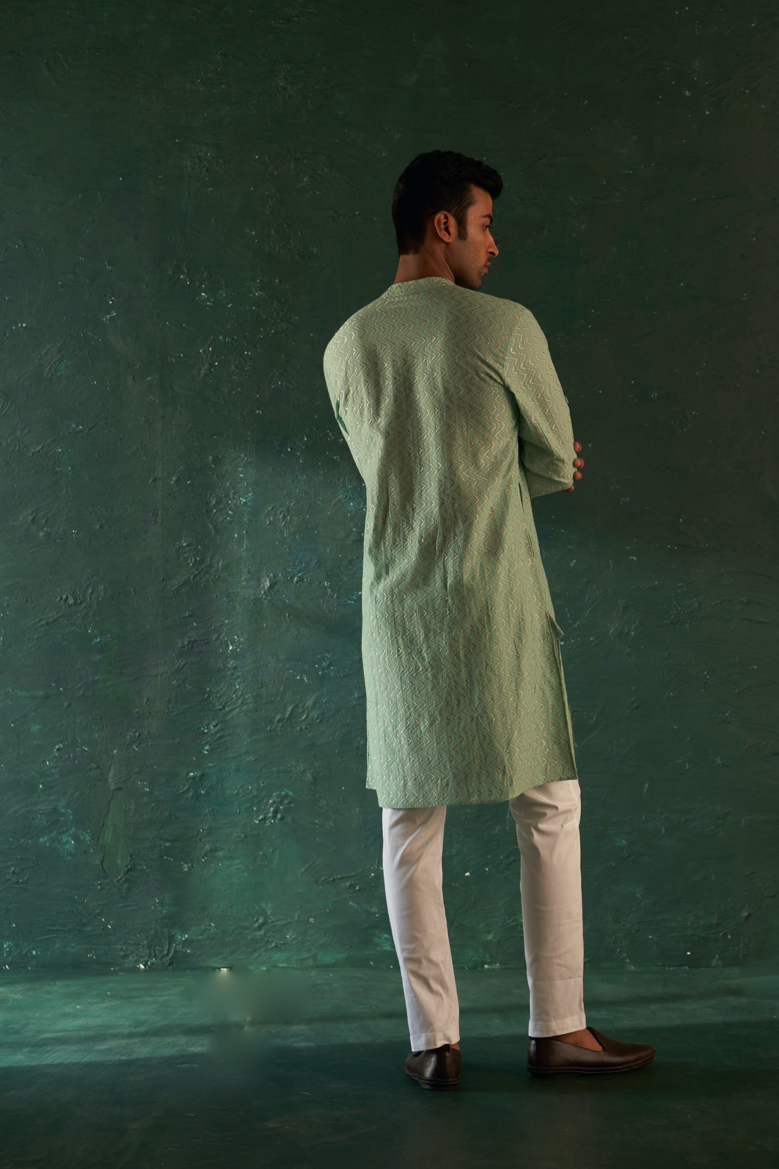 MIDAS AQUA GREEN CHEVRON EMBROIDERED KURTA WITH PANT