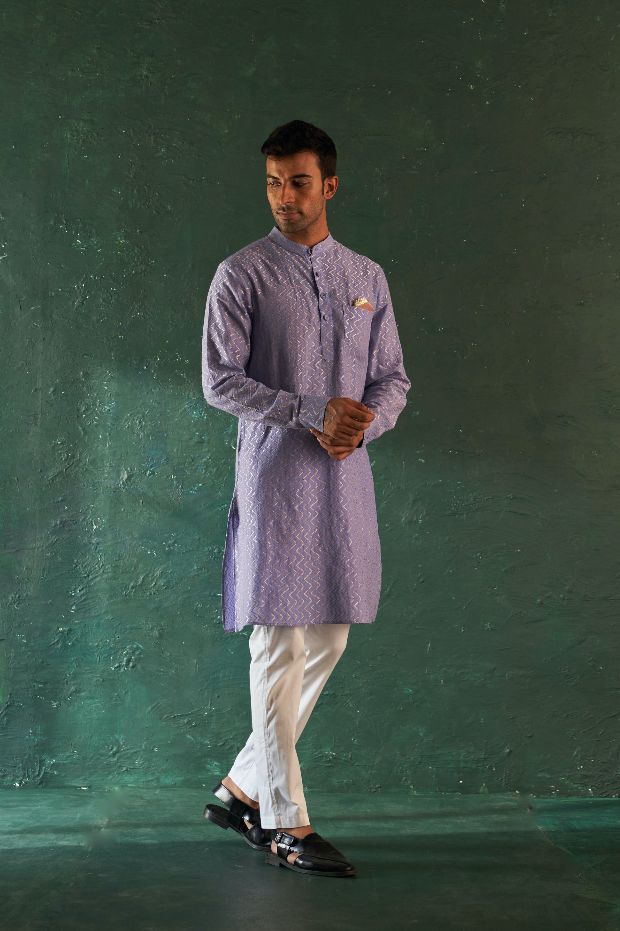 MEN'S LAVENDER CHEVRON STRAIGHT KURTA SET WITH JACKET