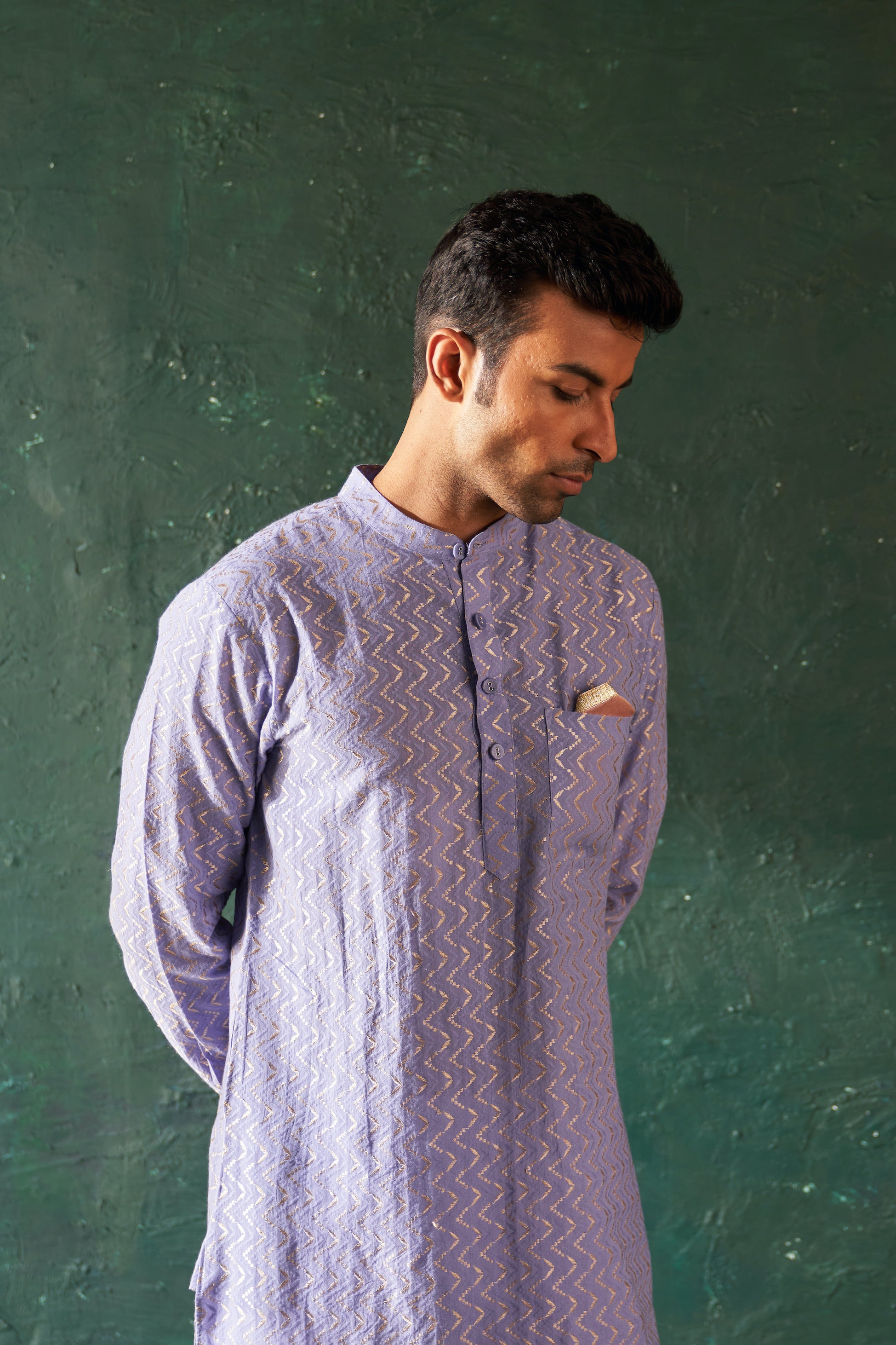 MEN'S LAVENDER CHEVRON STRAIGHT KURTA SET WITH JACKET