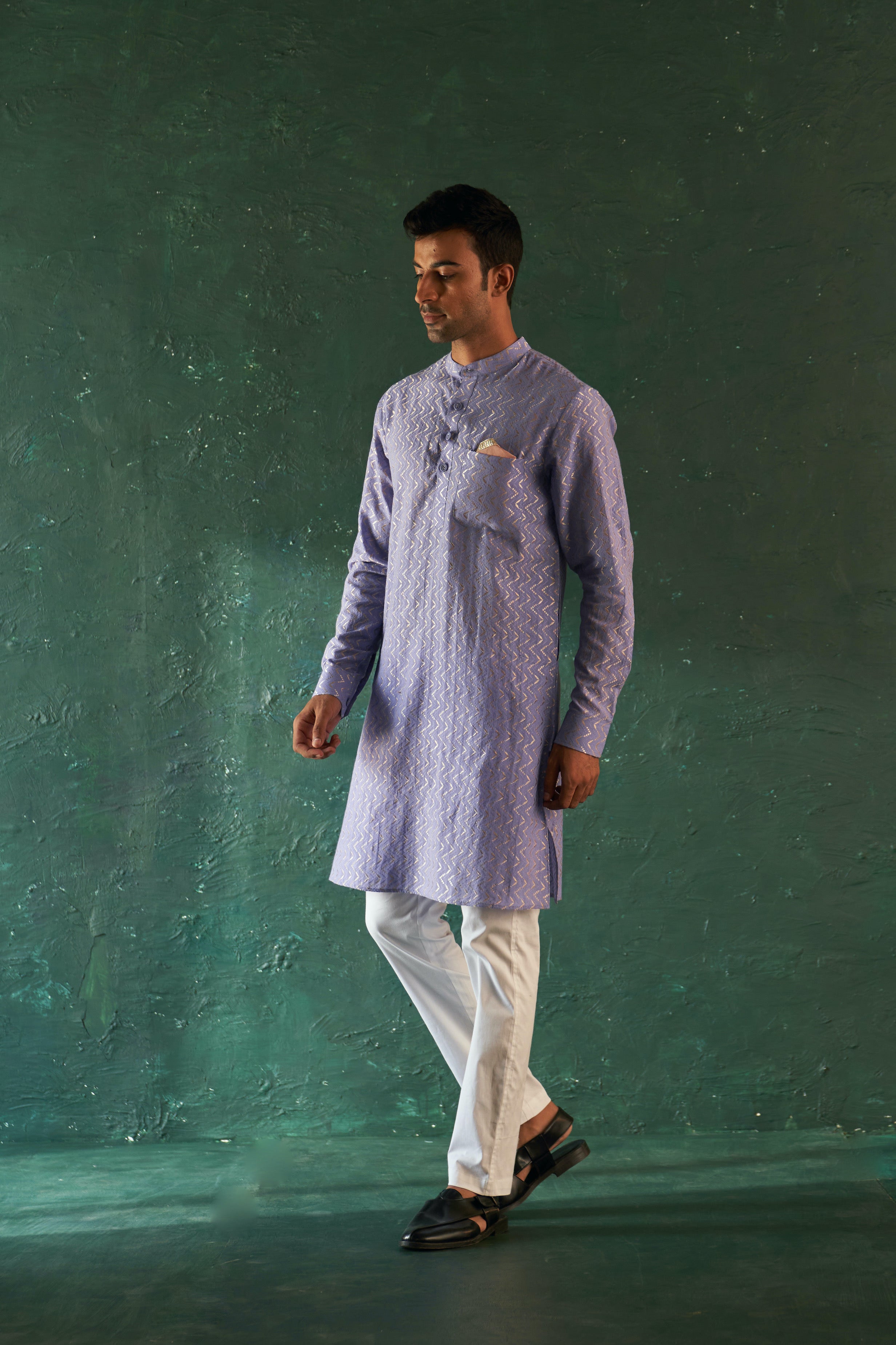 MEN'S LAVENDER CHEVRON STRAIGHT KURTA SET WITH JACKET