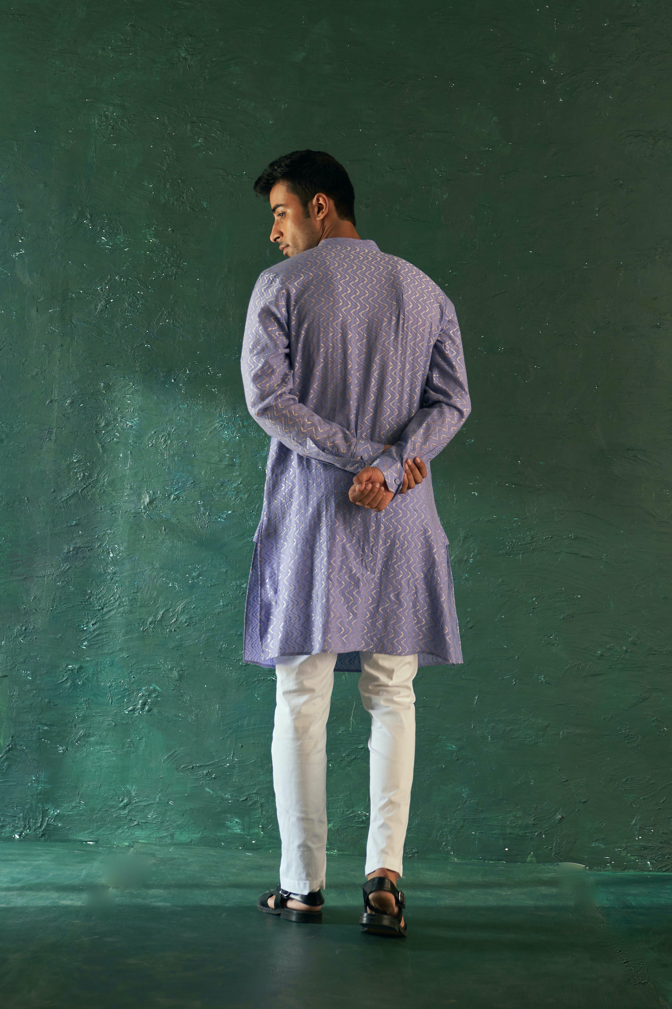 MEN'S LAVENDER CHEVRON STRAIGHT KURTA SET WITH JACKET