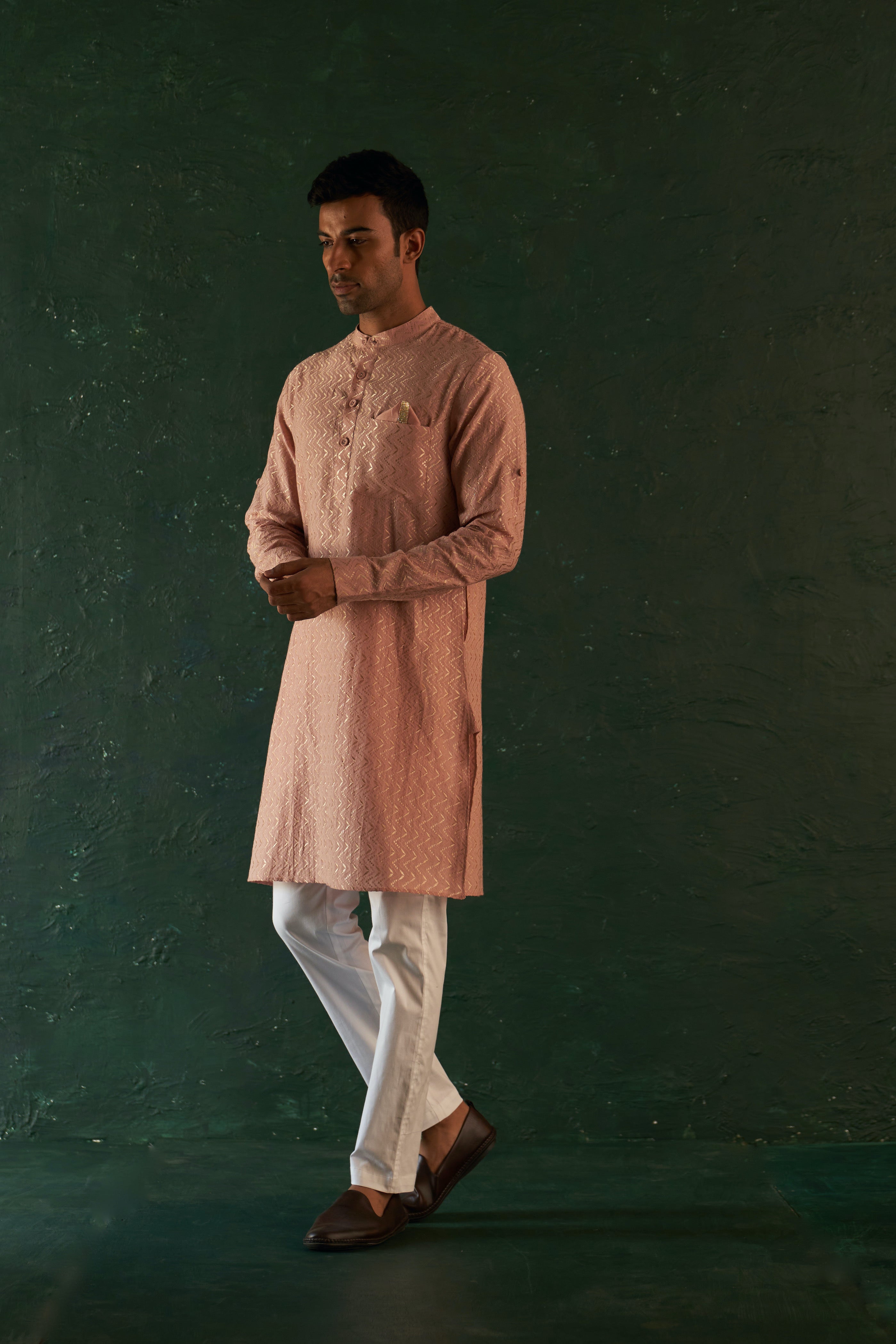 MIDAS OLD ROSE CHEVRON EMBROIDERED KURTA WITH PANT