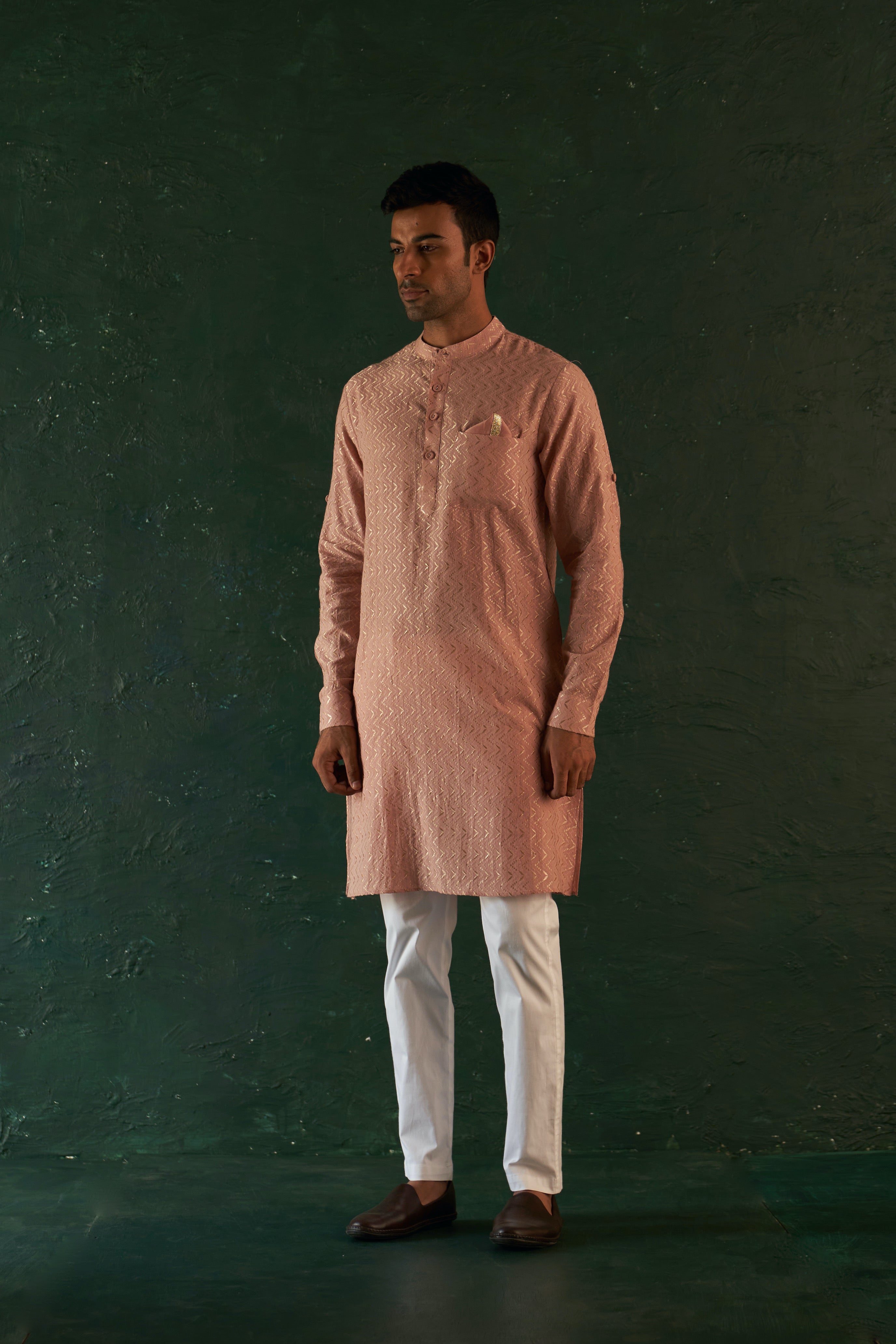 MIDAS OLD ROSE CHEVRON EMBROIDERED KURTA WITH PANT