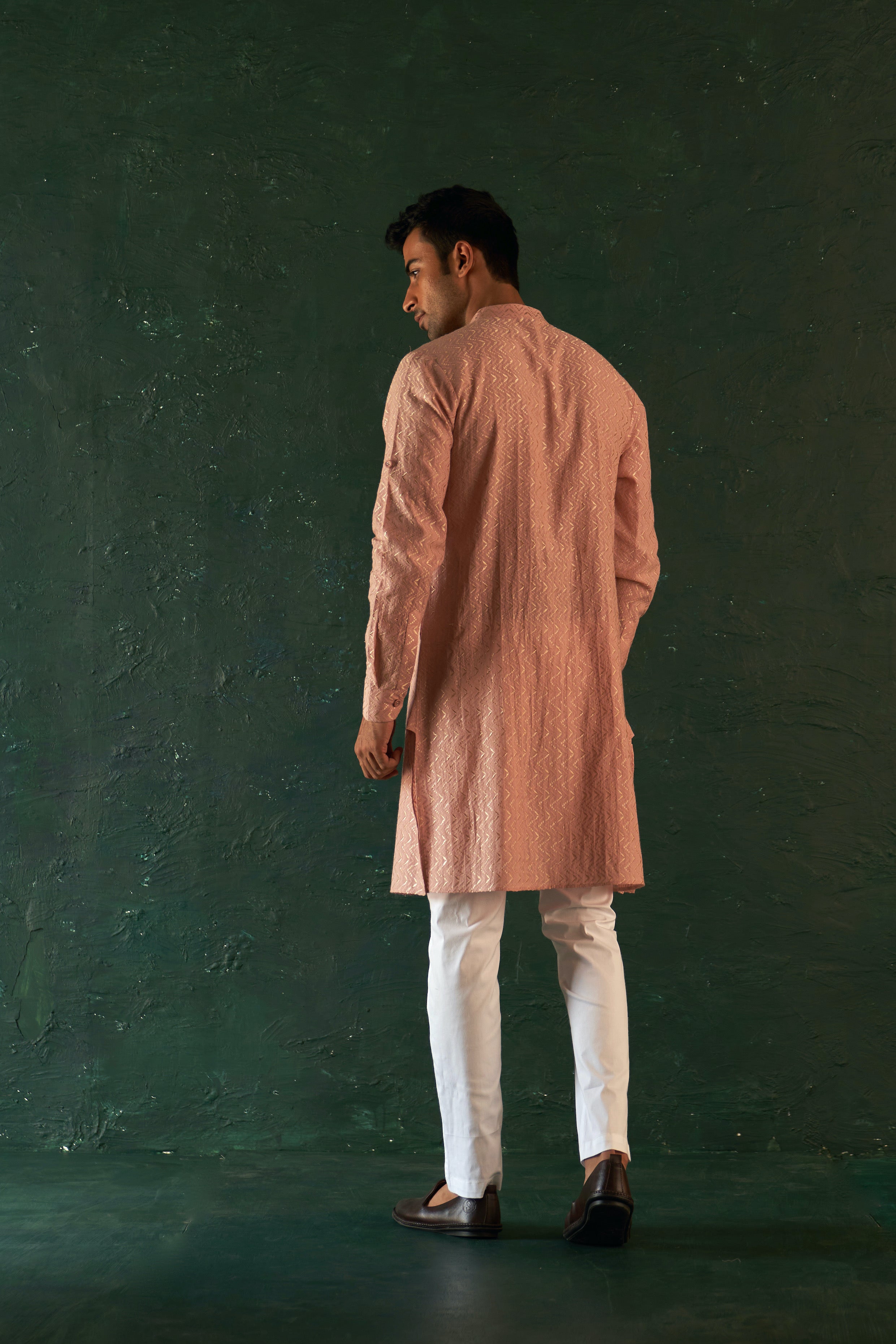 MIDAS OLD ROSE CHEVRON EMBROIDERED KURTA WITH PANT