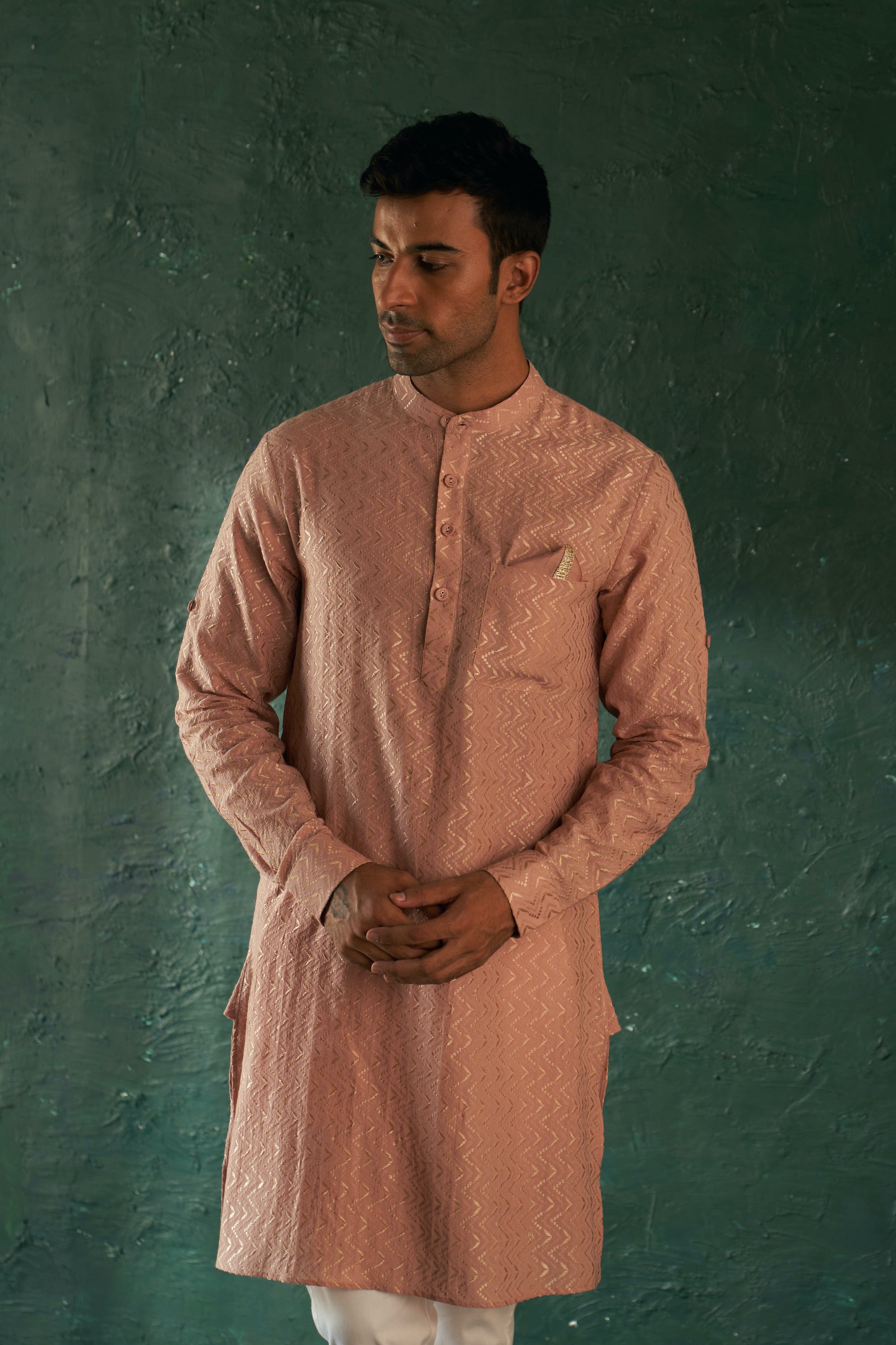 MIDAS OLD ROSE CHEVRON EMBROIDERED KURTA WITH PANT