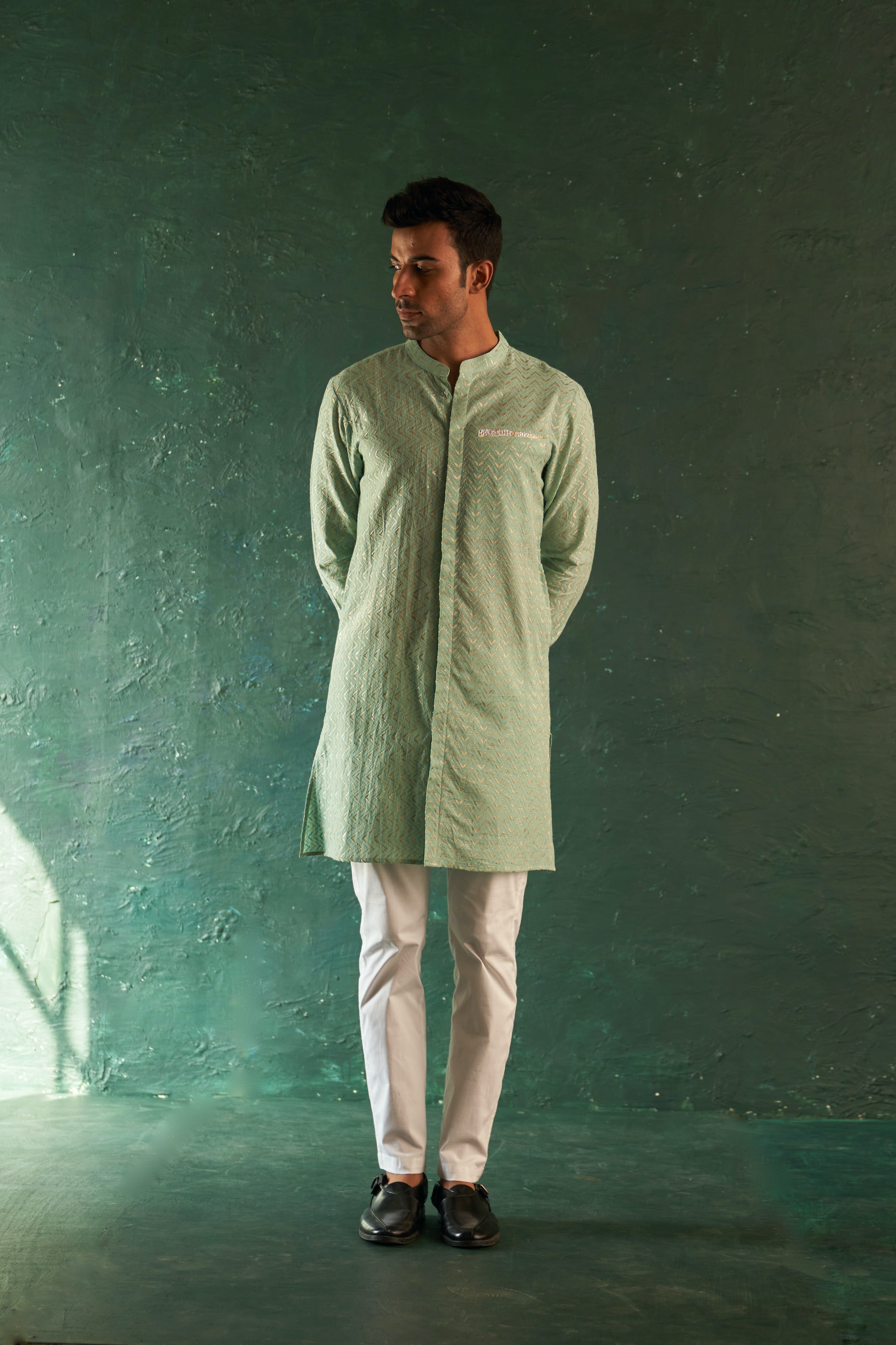 MIDAS AQUA GREEN CHEVRON KURTA WITH PANT