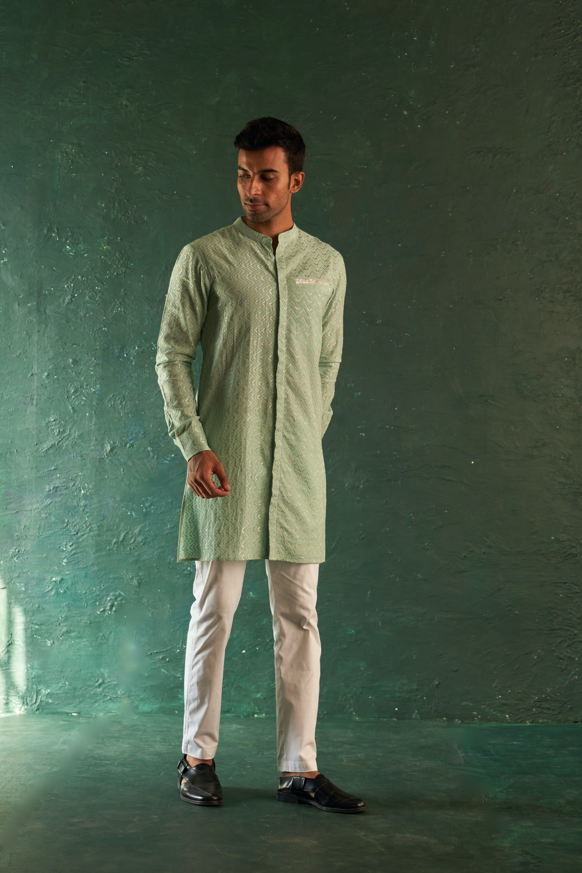 MIDAS AQUA GREEN CHEVRON KURTA WITH PANT