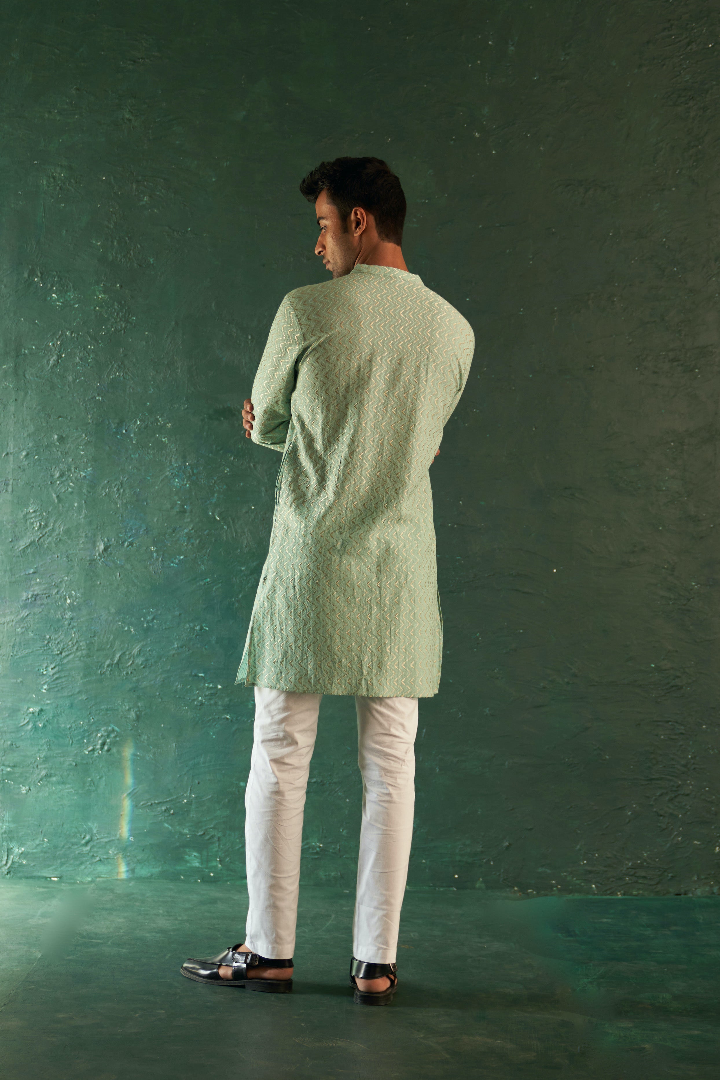 MIDAS AQUA GREEN CHEVRON KURTA WITH PANT