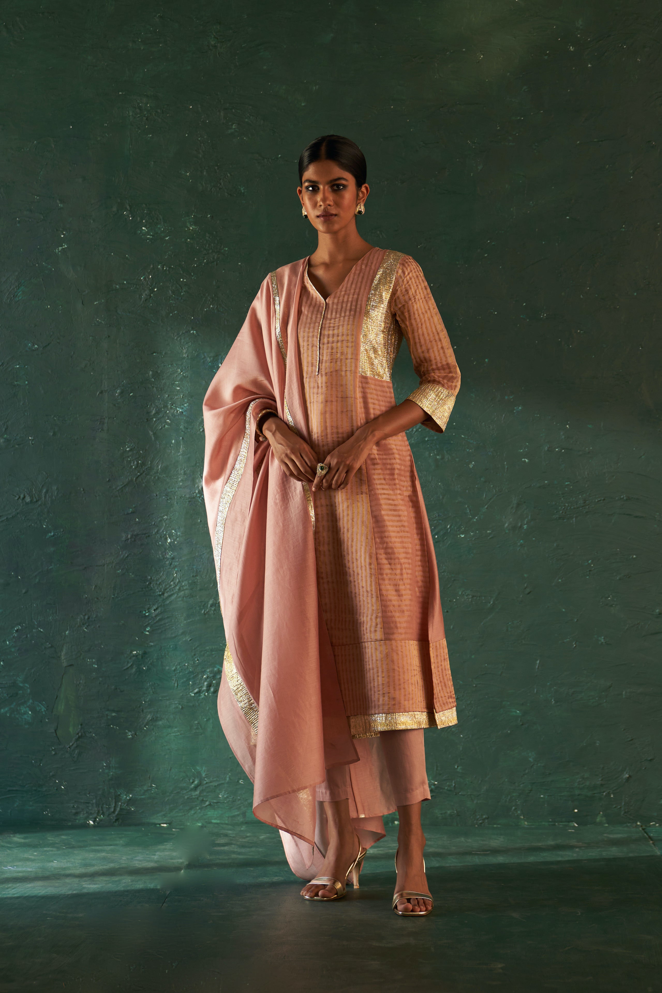 MIDAS OLD ROSE TISSUE STRIPES KURTA