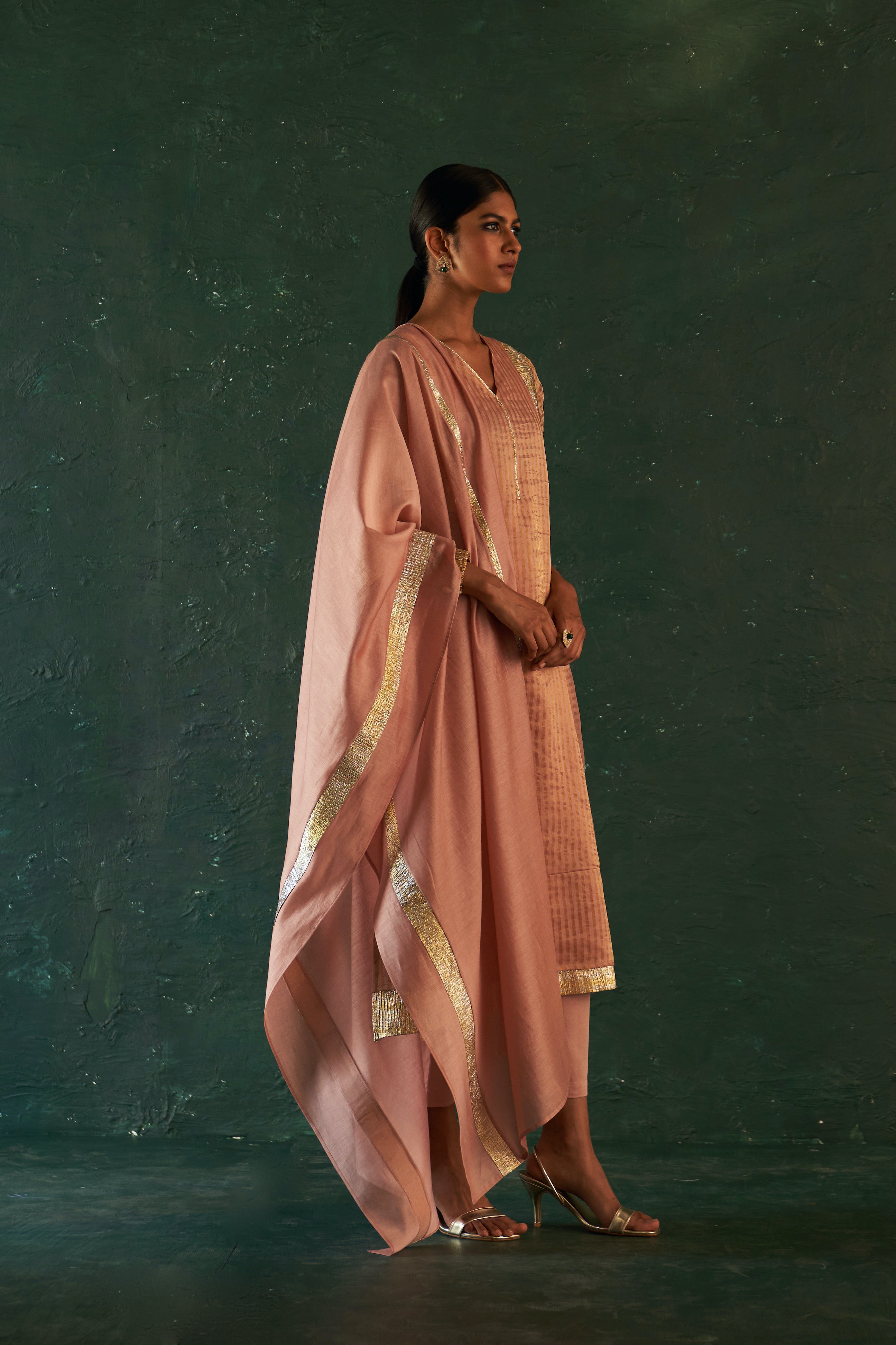 MIDAS OLD ROSE TISSUE STRIPES KURTA