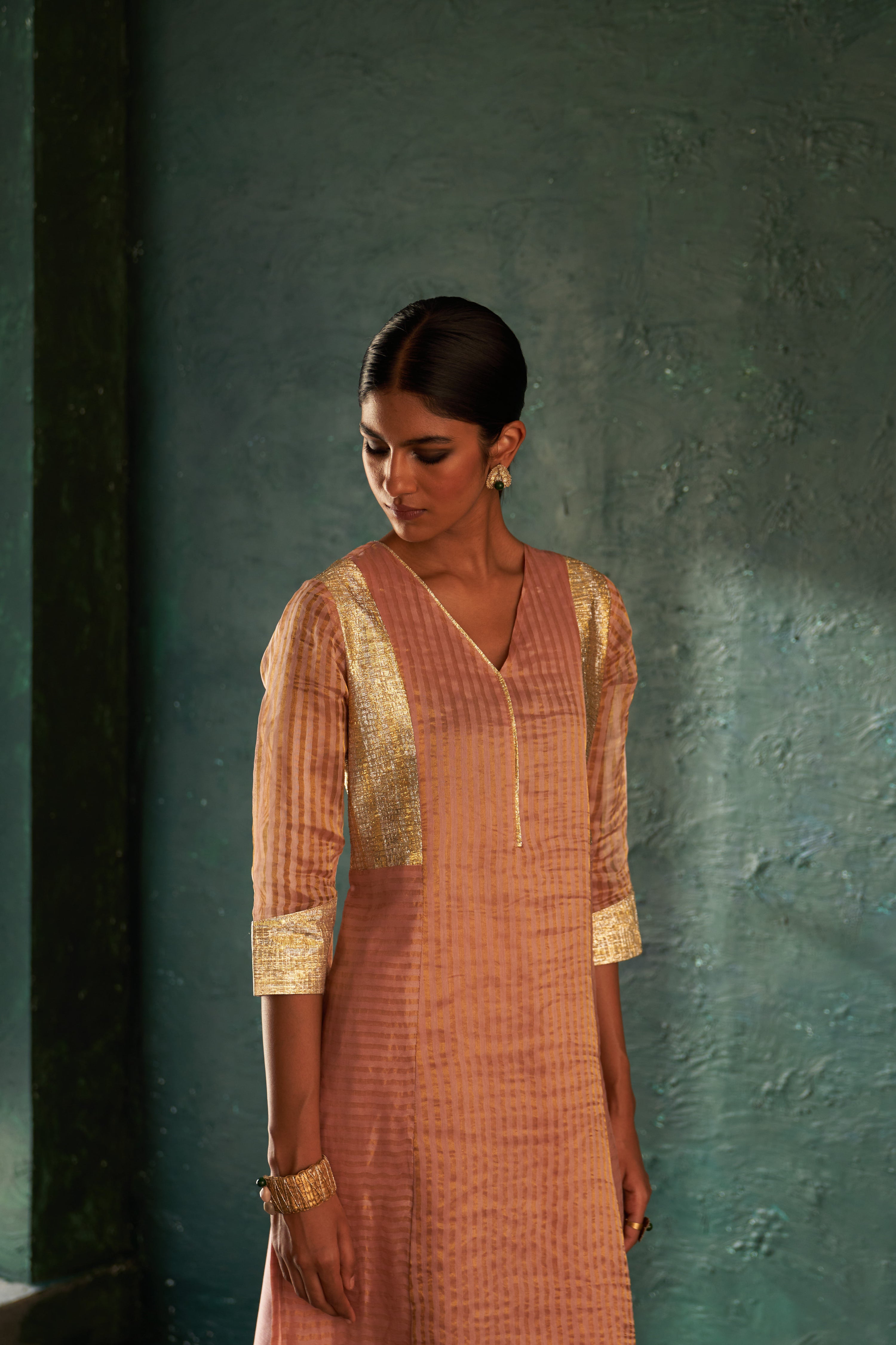 MIDAS OLD ROSE TISSUE STRIPES KURTA