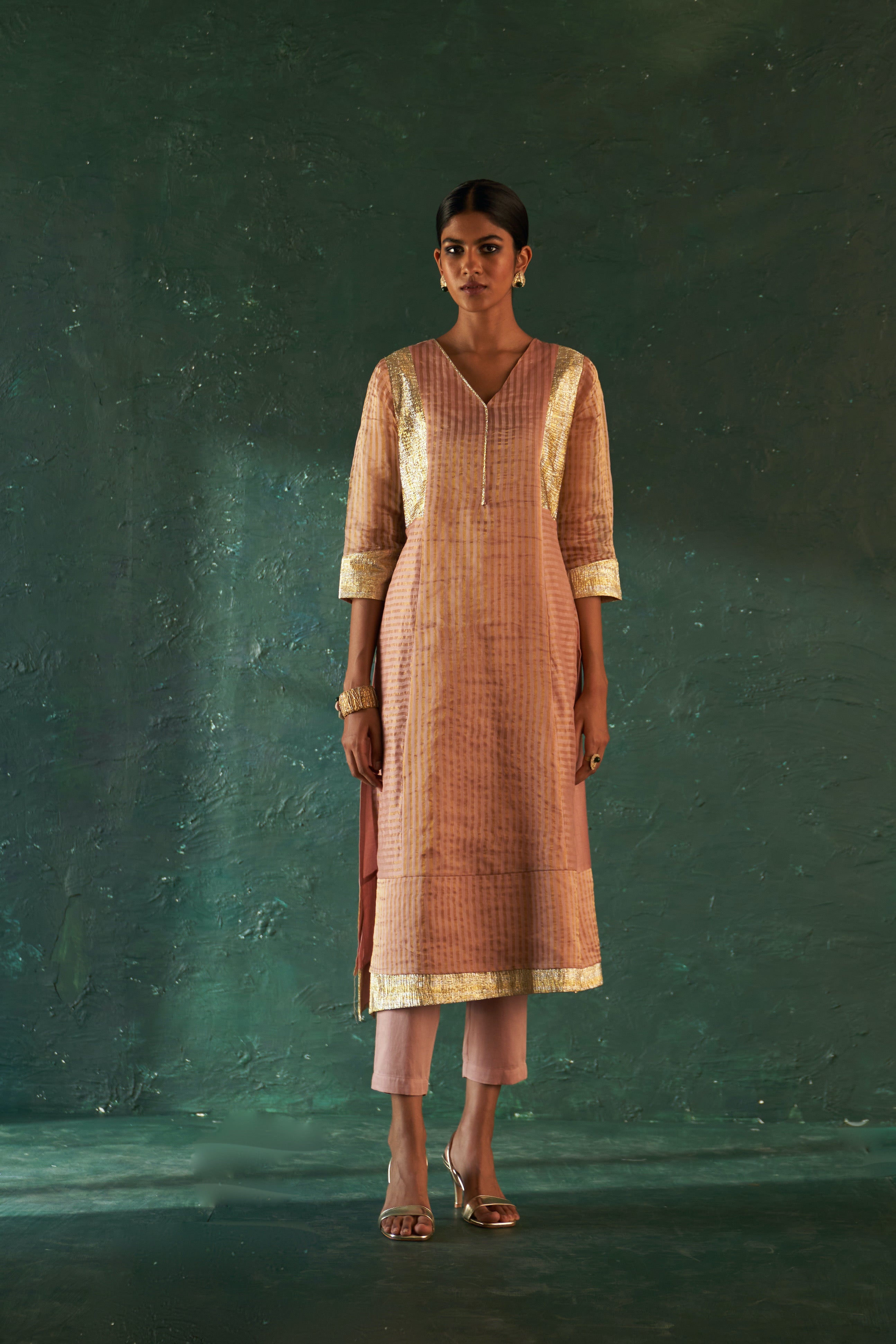 MIDAS OLD ROSE TISSUE STRIPES KURTA