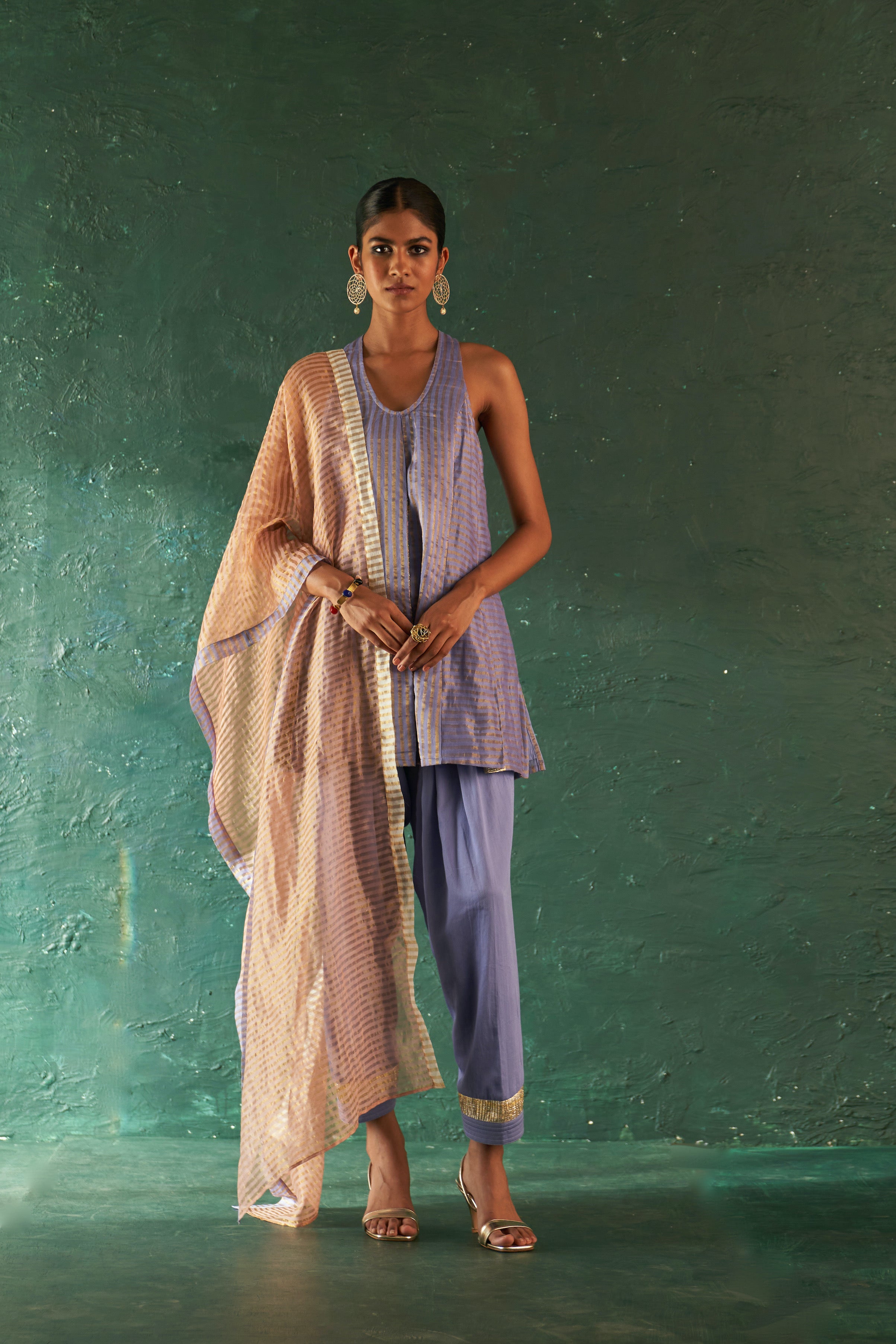 MIDAS LAVENDER TISSUE STRIPES SHARARA KURTA