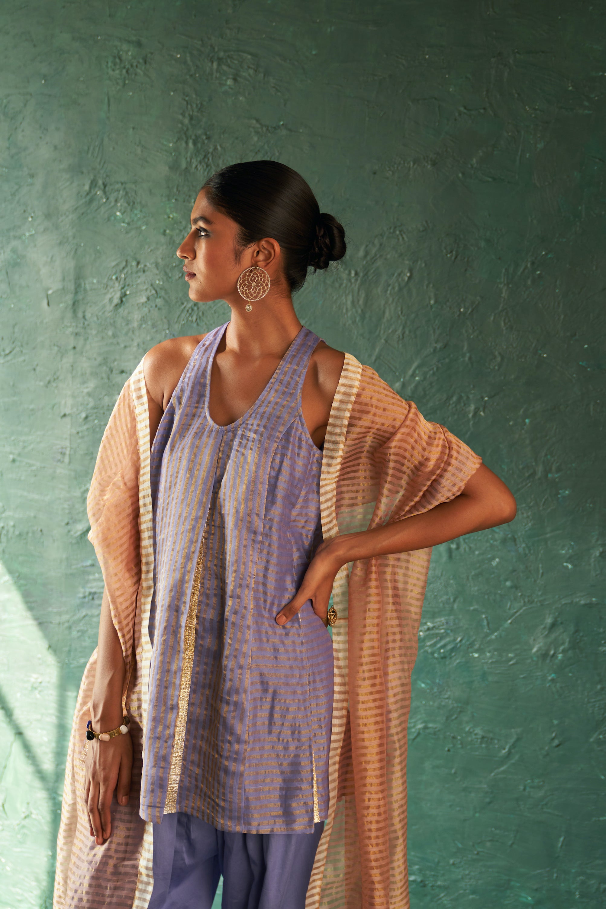 MIDAS LAVENDER TISSUE STRIPES SHARARA KURTA