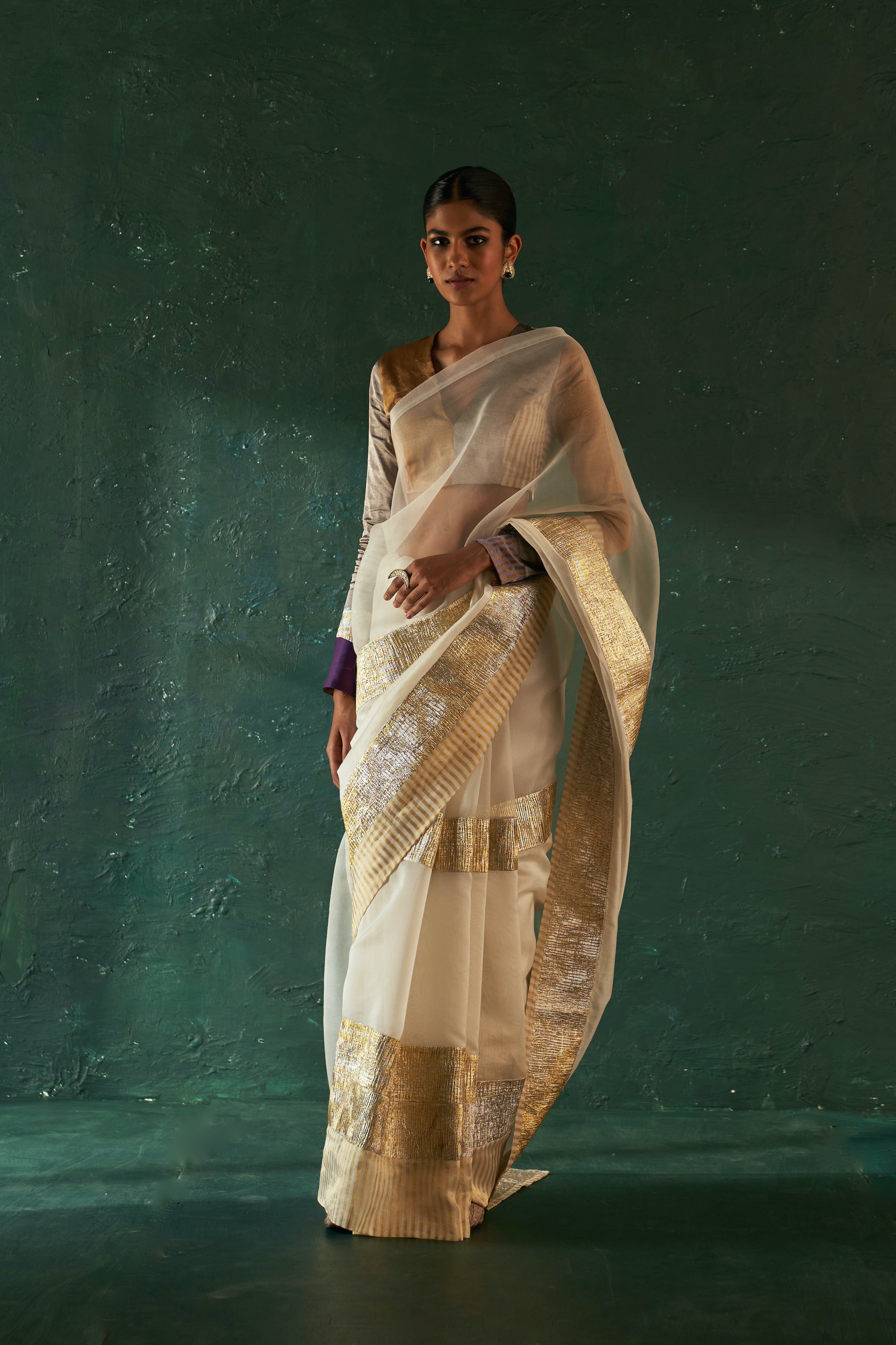 MIDAS IVORY SAREE WITH TISSUE BLOUSE & BLAZER