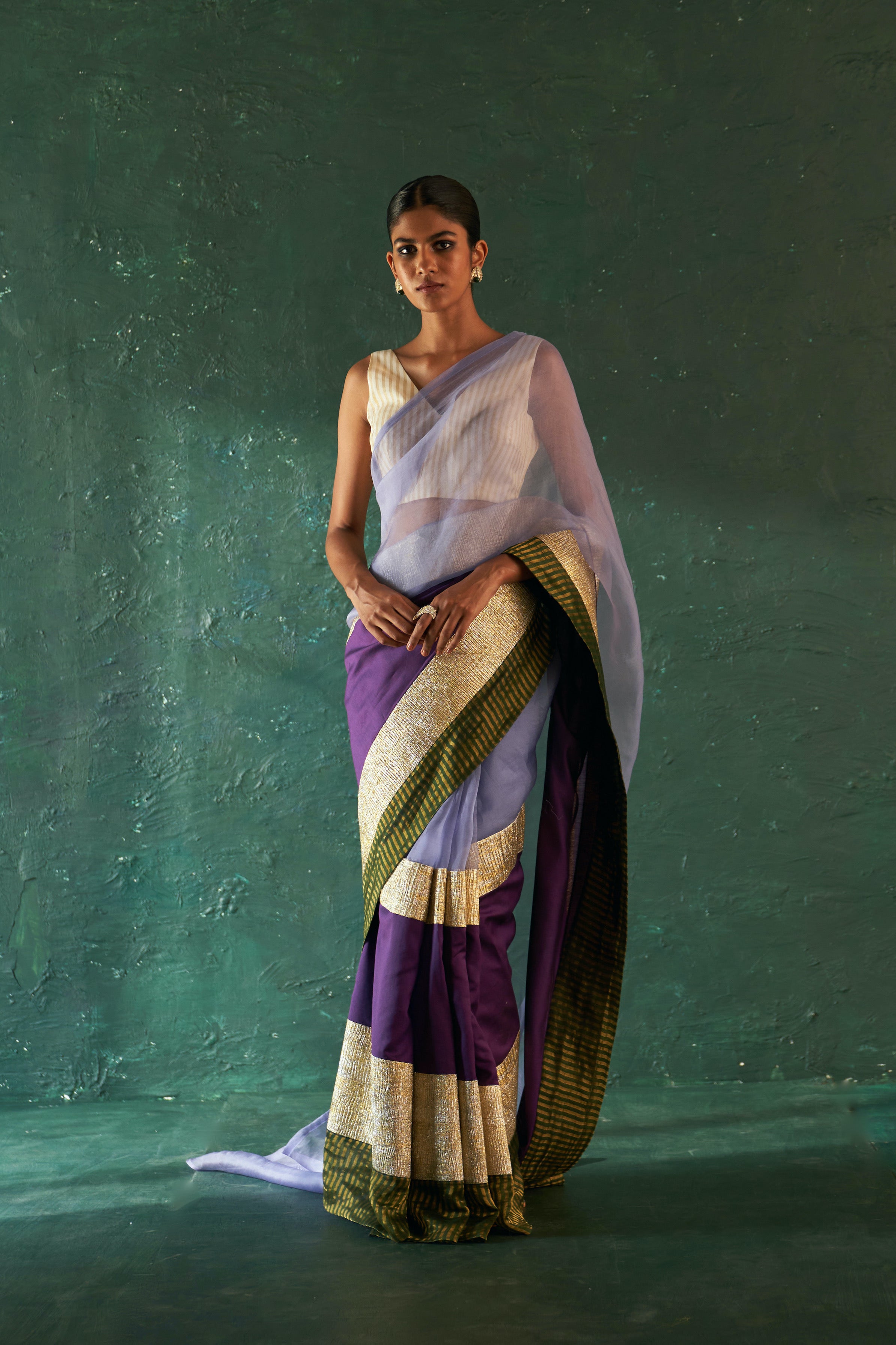 MIDAS PURPLE SAREE WITH IVORY TISSUE STRIPE BLOUSE