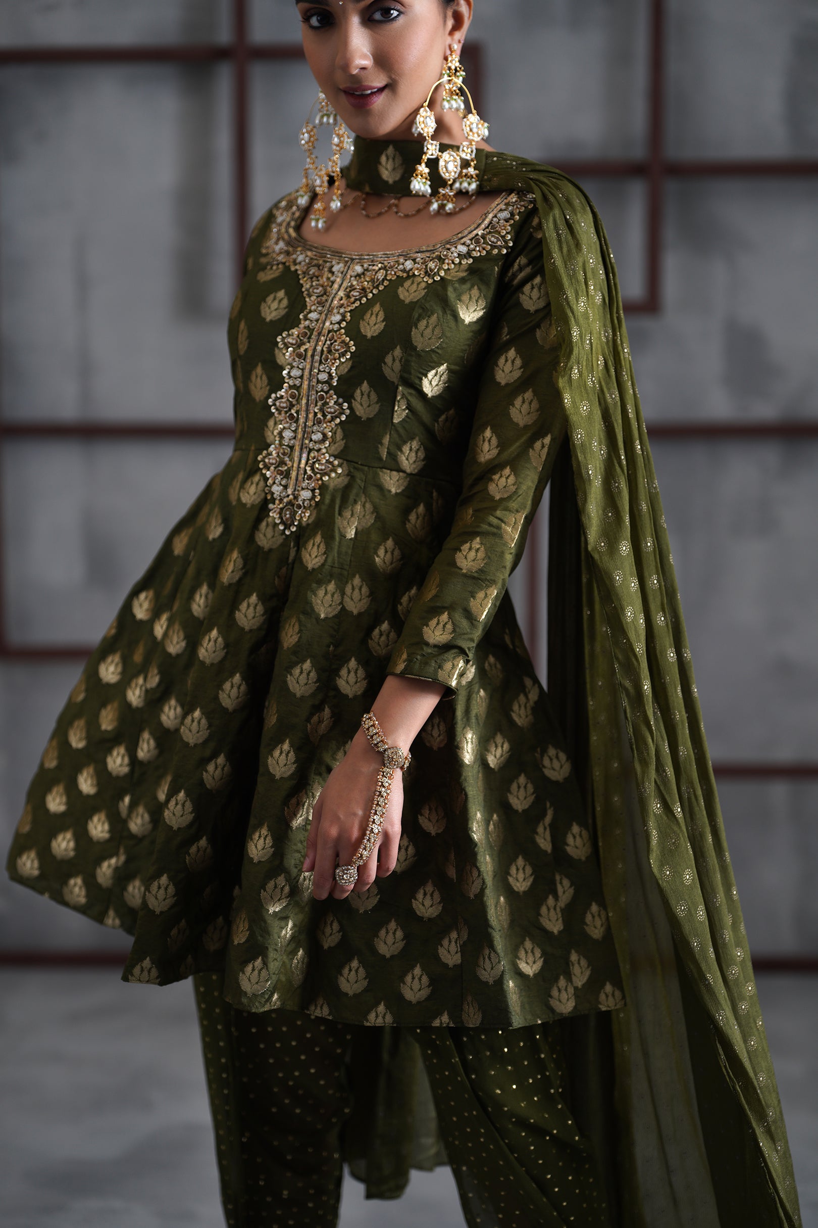 OLIVE GREEN PEPLUM, TULIP SALWAR, CHOKER DUPATTA