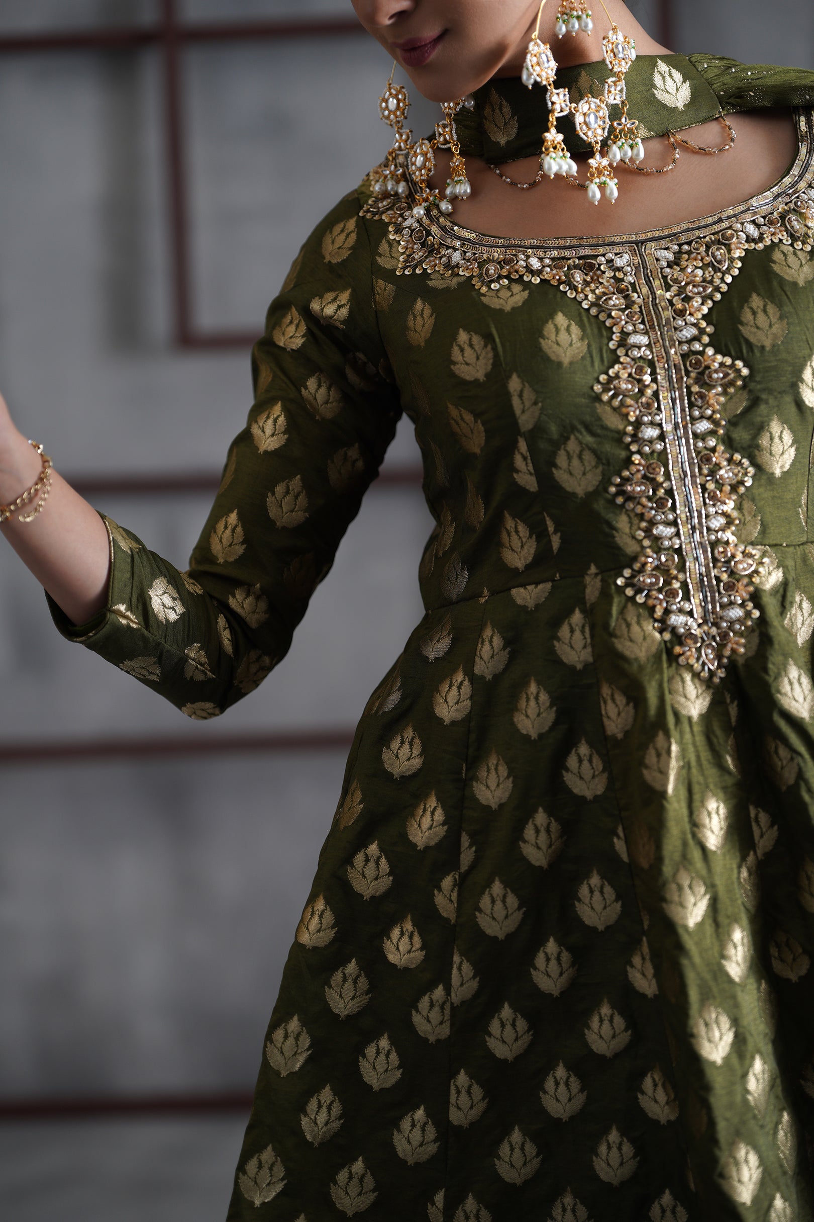 OLIVE GREEN PEPLUM, TULIP SALWAR, CHOKER DUPATTA