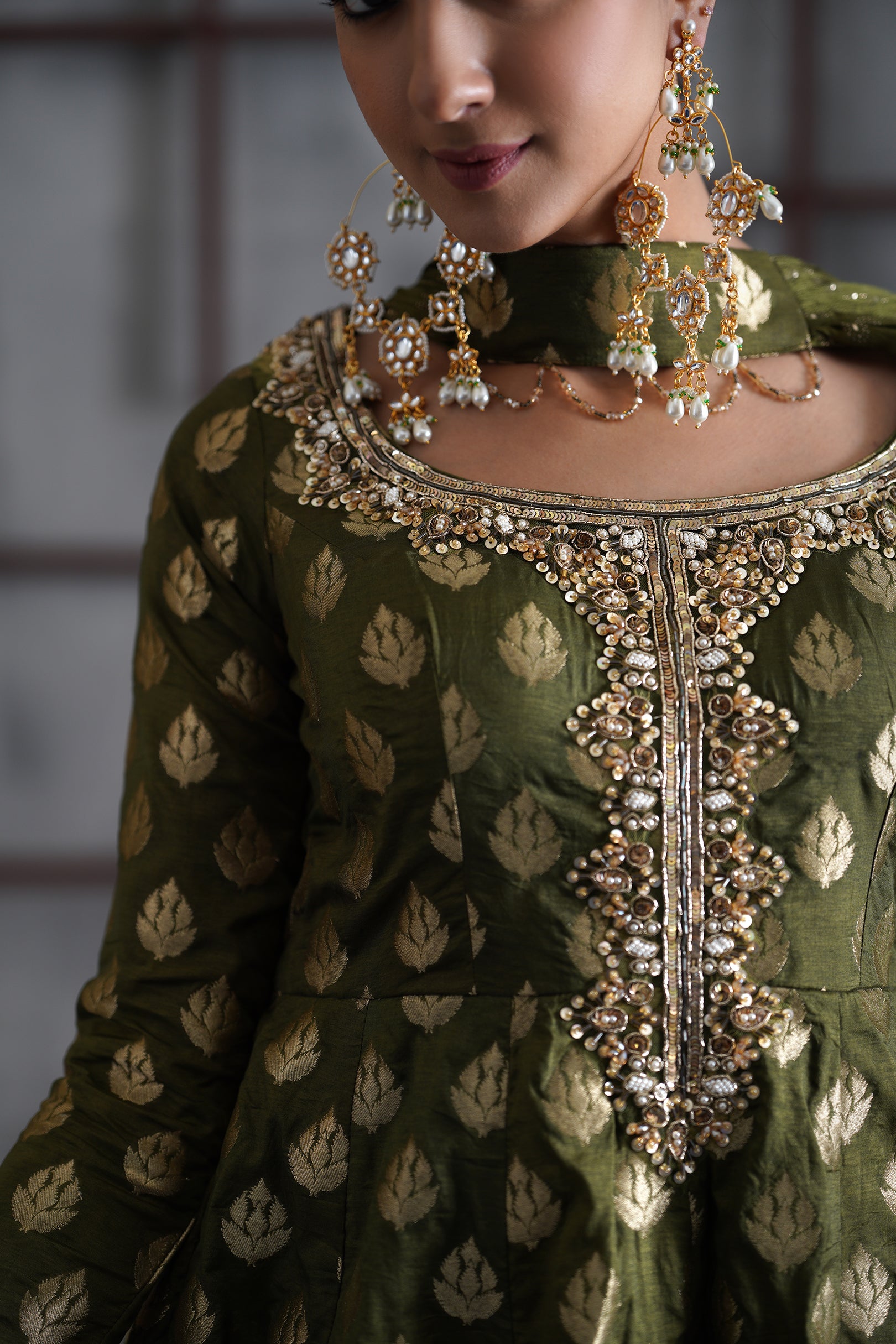 OLIVE GREEN PEPLUM, TULIP SALWAR, CHOKER DUPATTA