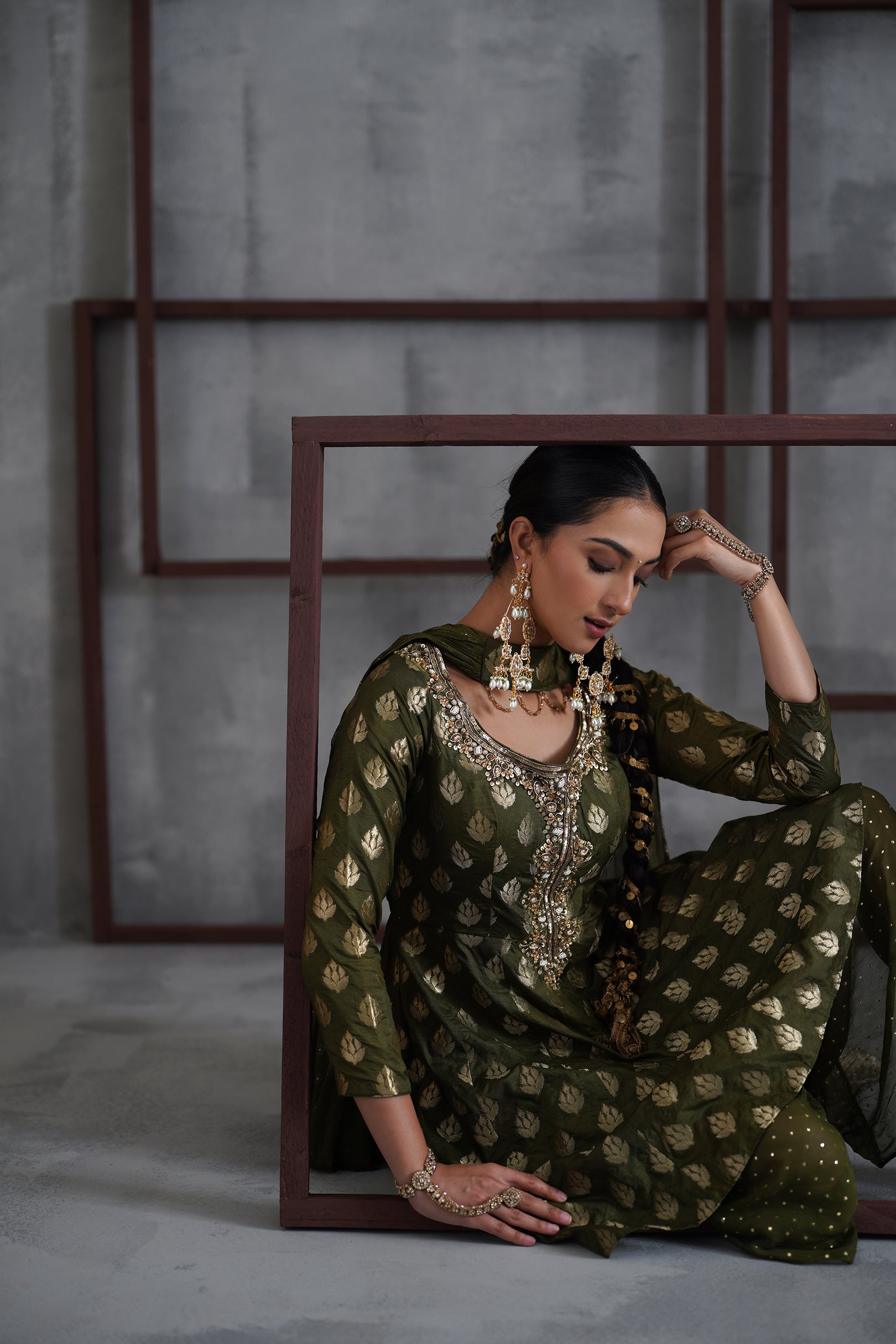 OLIVE GREEN PEPLUM, TULIP SALWAR, CHOKER DUPATTA