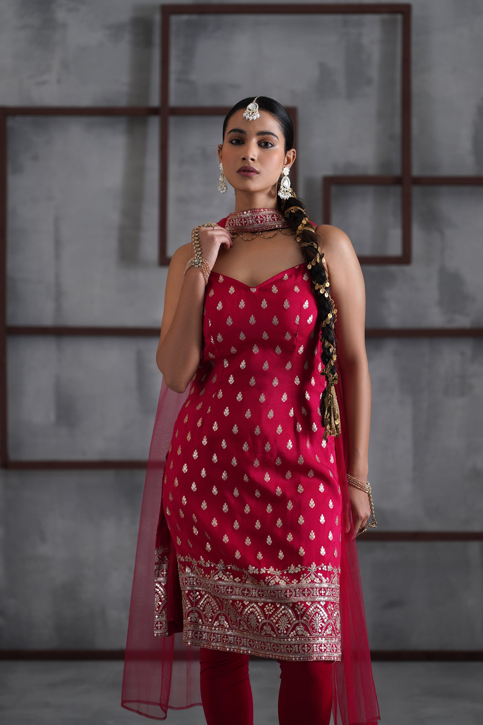 FUCHSIA KURTI, CHURIDAR, CHHOKER DUPATTA