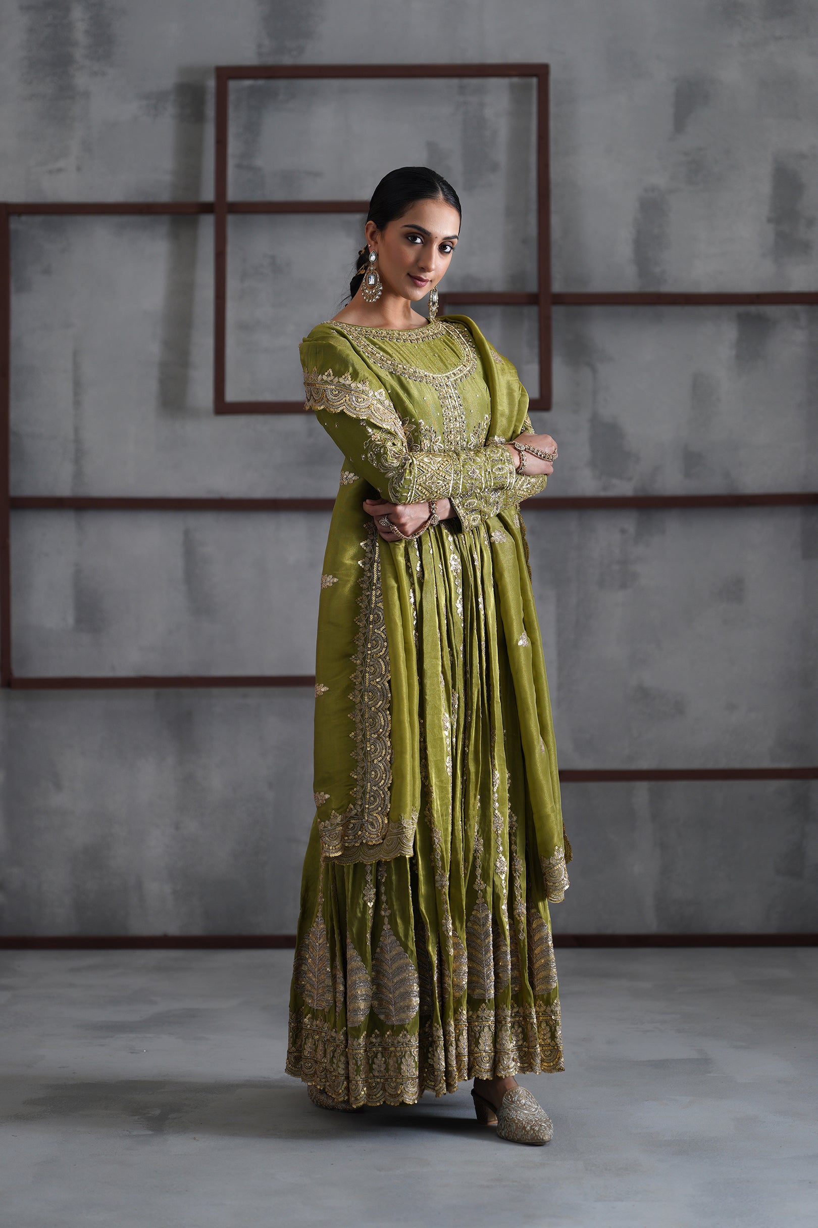 MEHENDI GREEN EMBROIDERED ANARKALI CHURIDAR DUPATTA