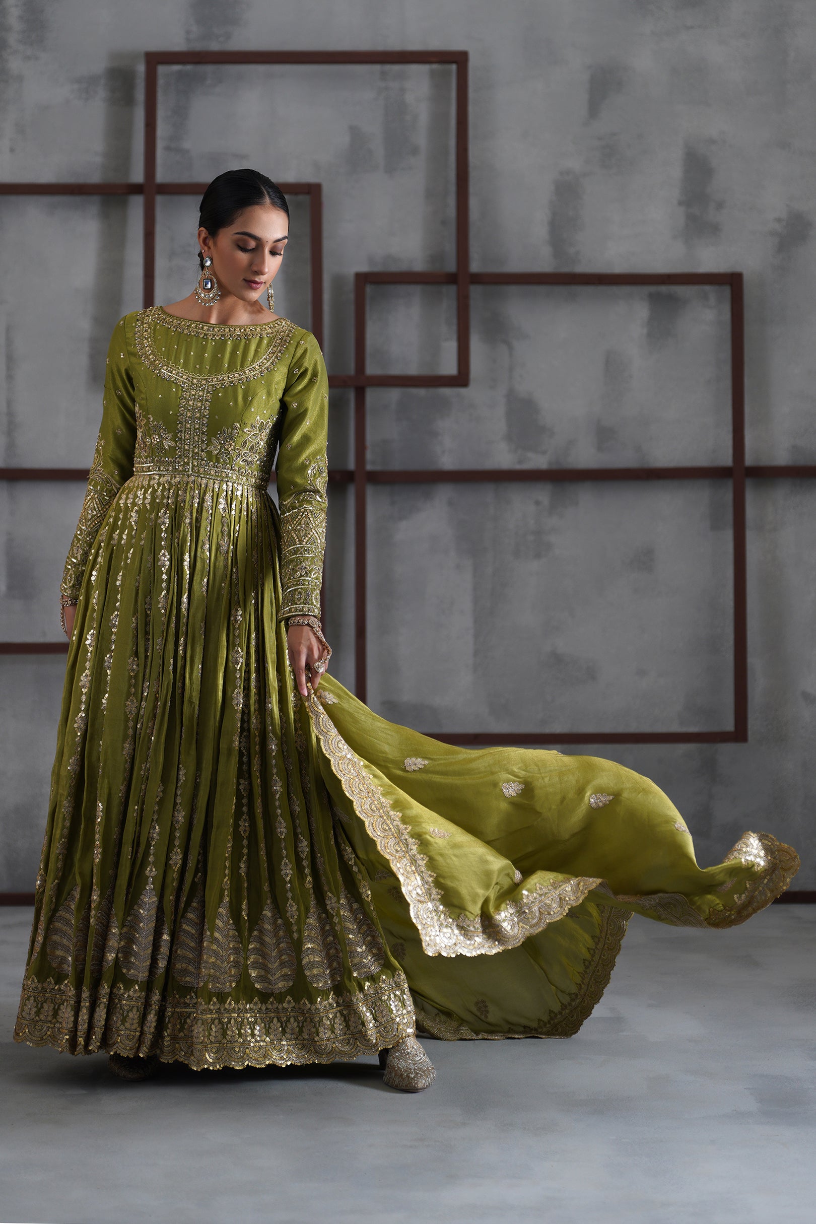 MEHENDI GREEN EMBROIDERED ANARKALI CHURIDAR DUPATTA