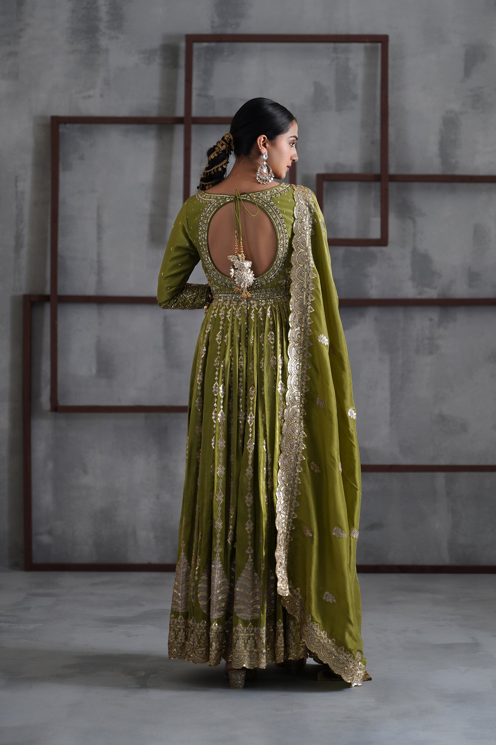 MEHENDI GREEN EMBROIDERED ANARKALI CHURIDAR DUPATTA