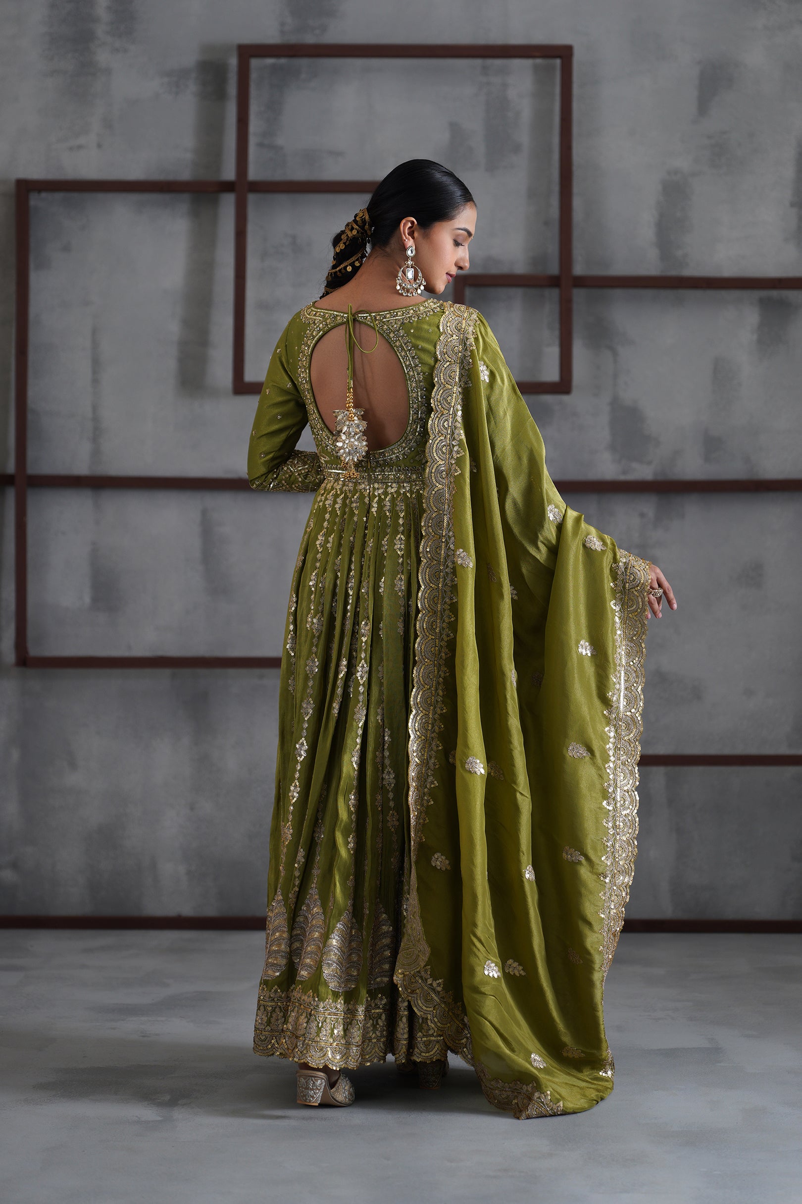 MEHENDI GREEN EMBROIDERED ANARKALI CHURIDAR DUPATTA