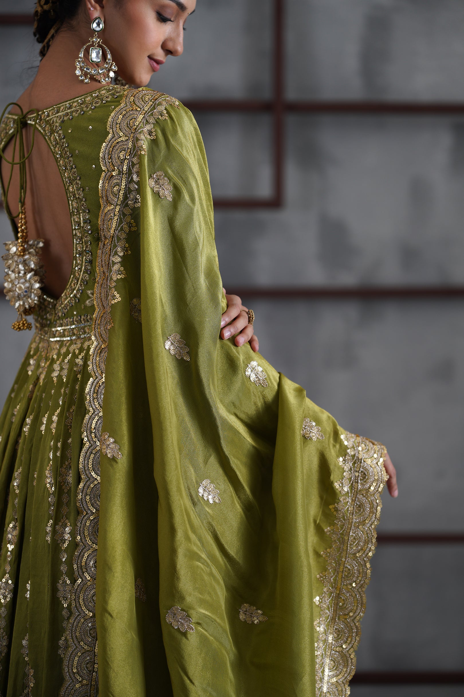 MEHENDI GREEN EMBROIDERED ANARKALI CHURIDAR DUPATTA