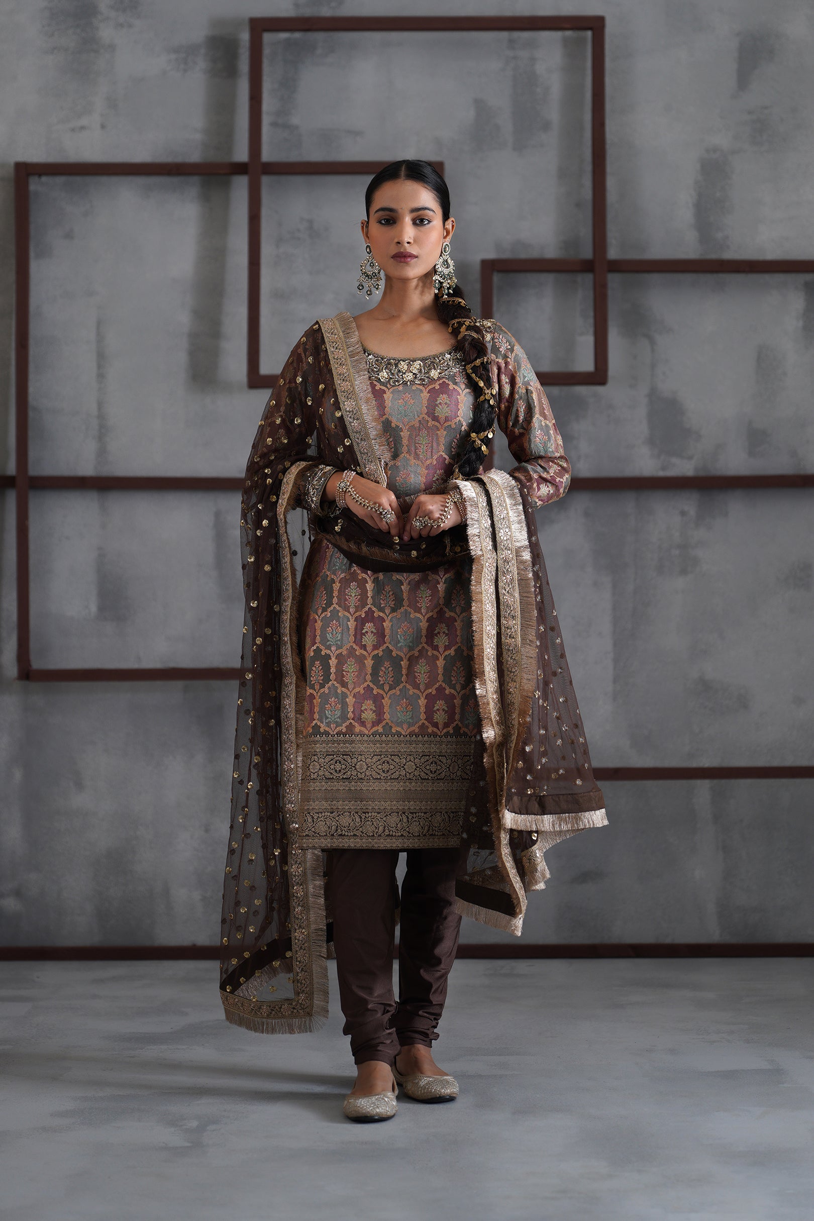 BROWN BROCADE KURTI, CHURIDAR AND DUPATTA