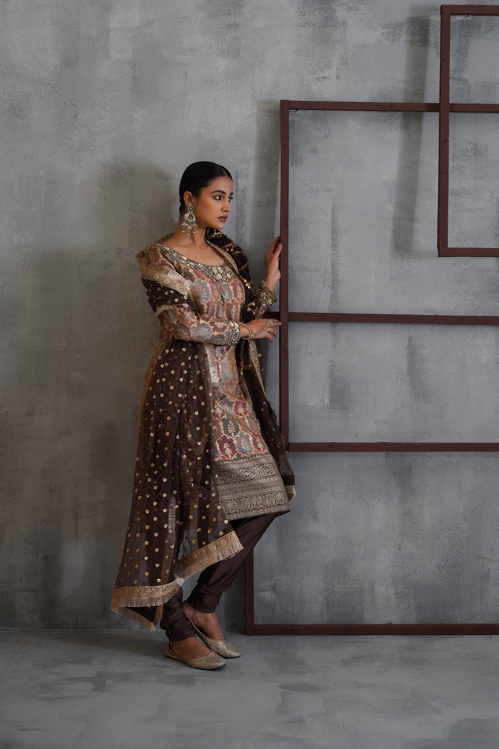 BROWN BROCADE KURTI, CHURIDAR AND DUPATTA