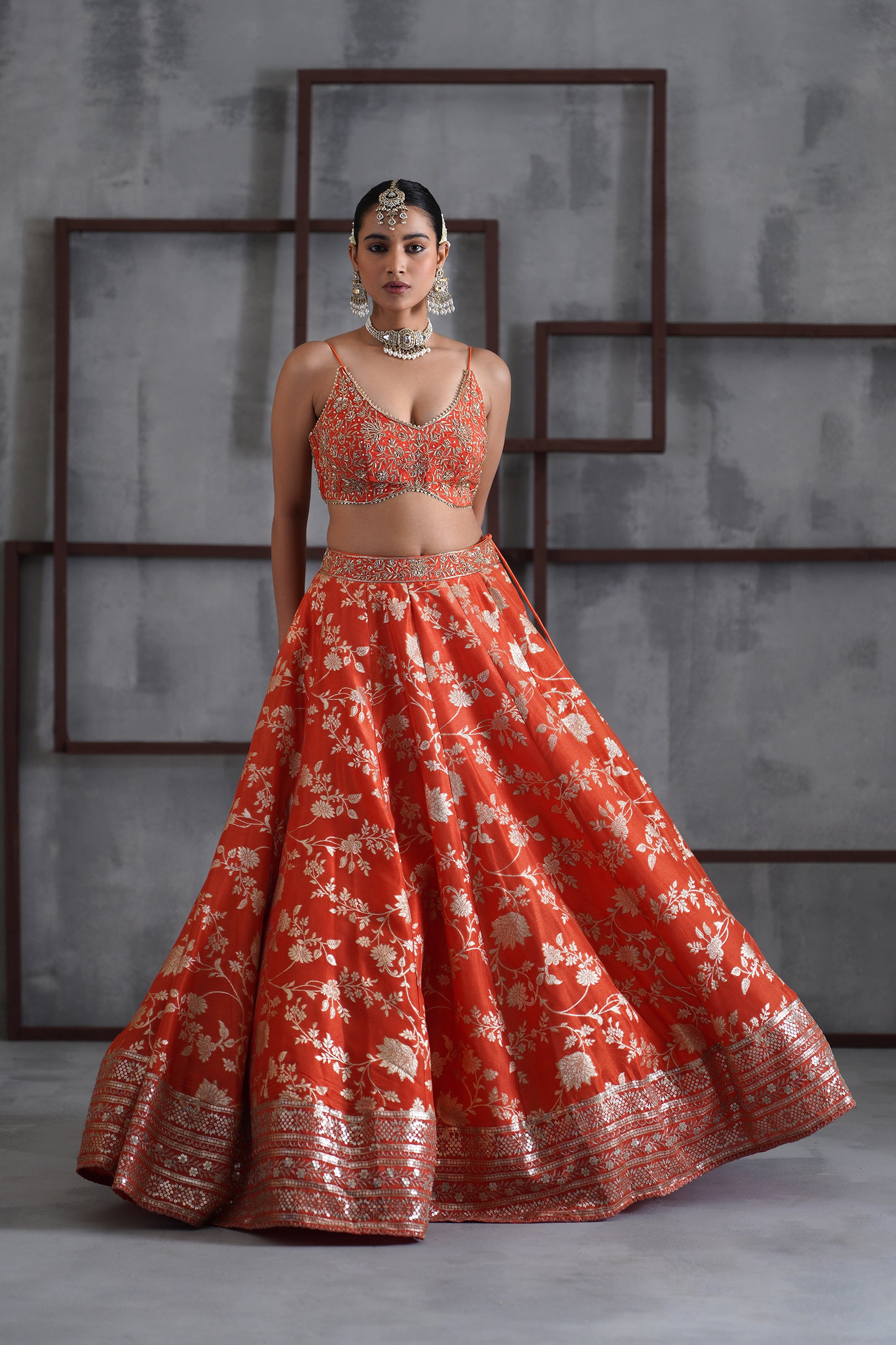 ORANGE EMBROIDERED BUSTIER, BANARSI LEHENGA AND DUPATTA