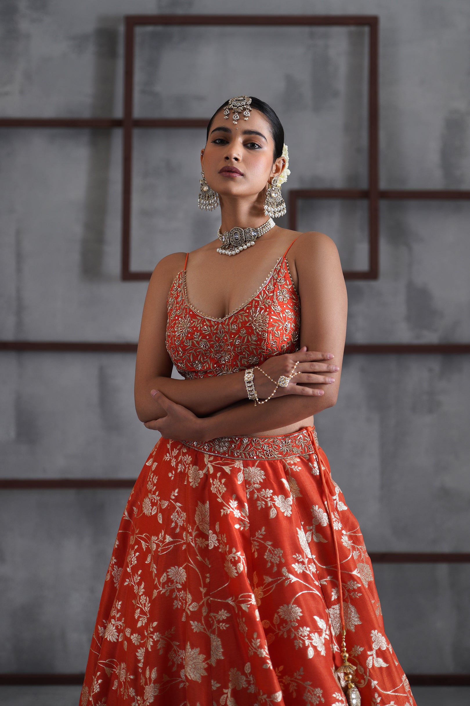 ORANGE EMBROIDERED BUSTIER, BANARSI LEHENGA AND DUPATTA