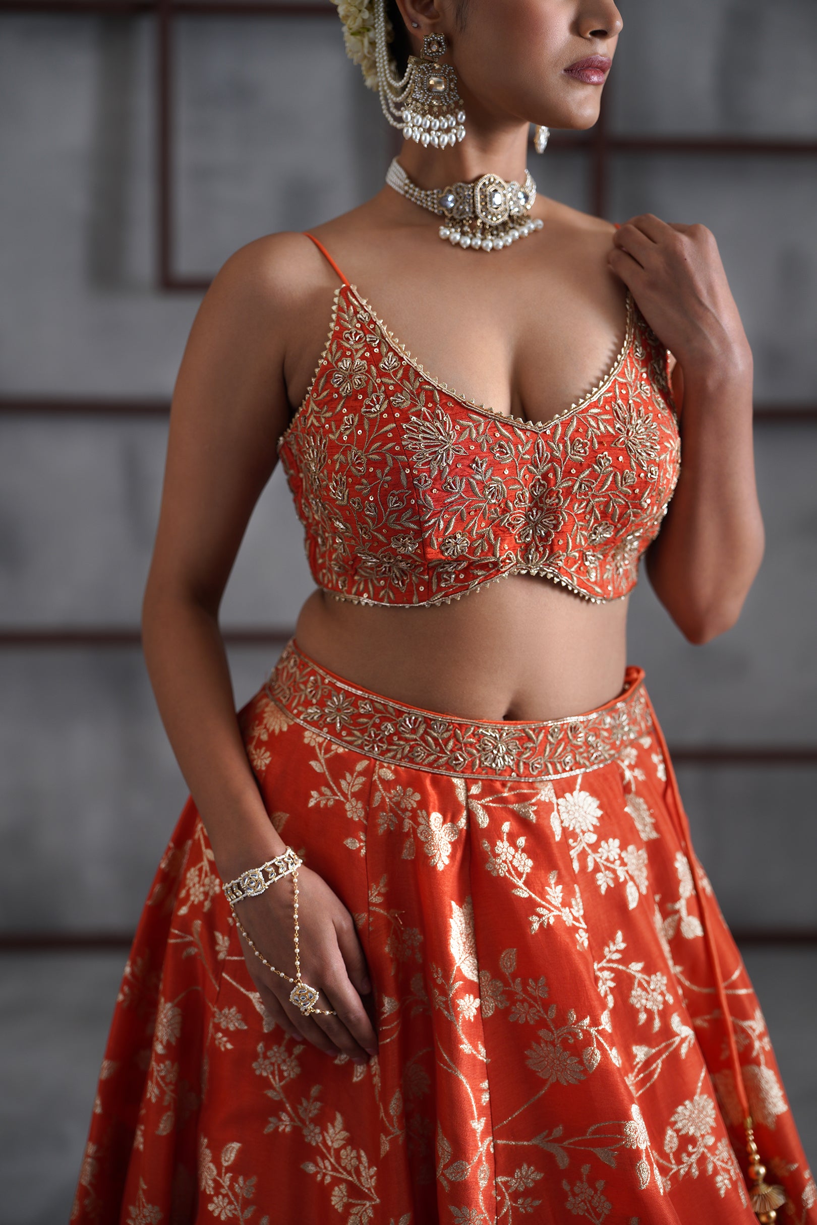 ORANGE EMBROIDERED BUSTIER, BANARSI LEHENGA AND DUPATTA