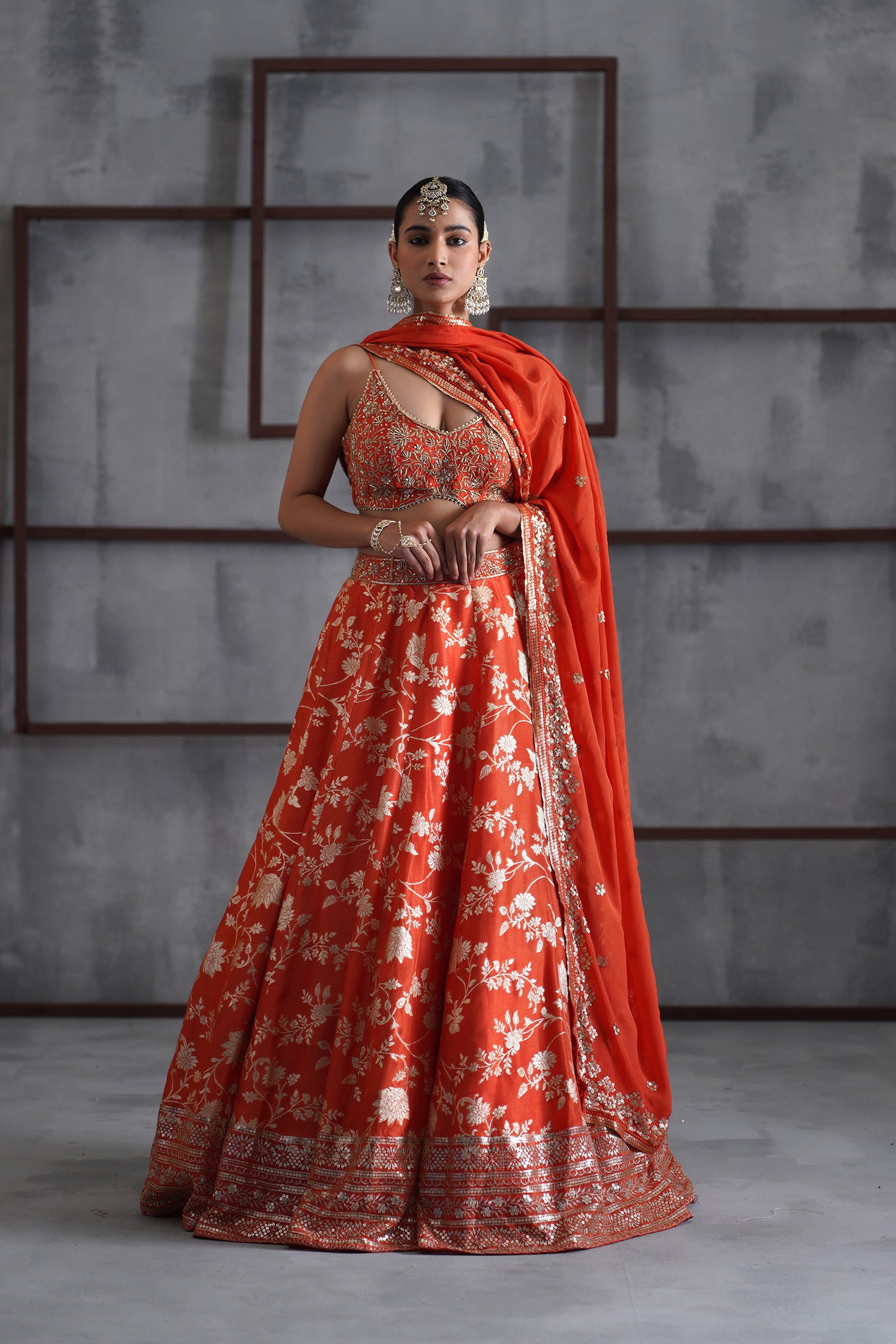 ORANGE EMBROIDERED BUSTIER, BANARSI LEHENGA AND DUPATTA