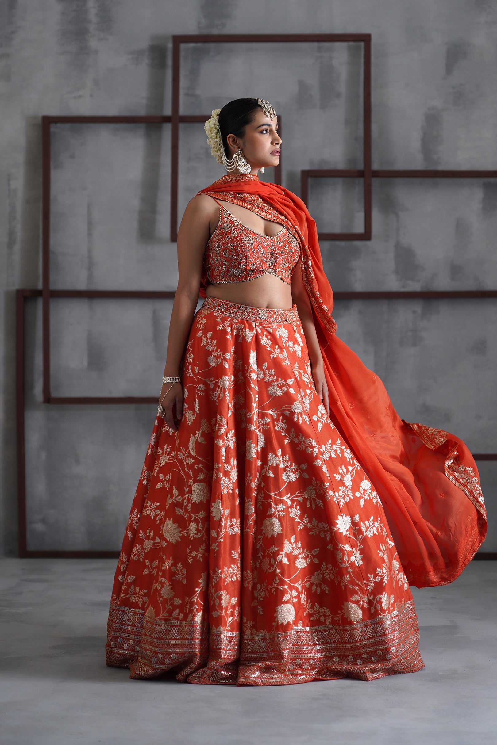 ORANGE EMBROIDERED BUSTIER, BANARSI LEHENGA AND DUPATTA