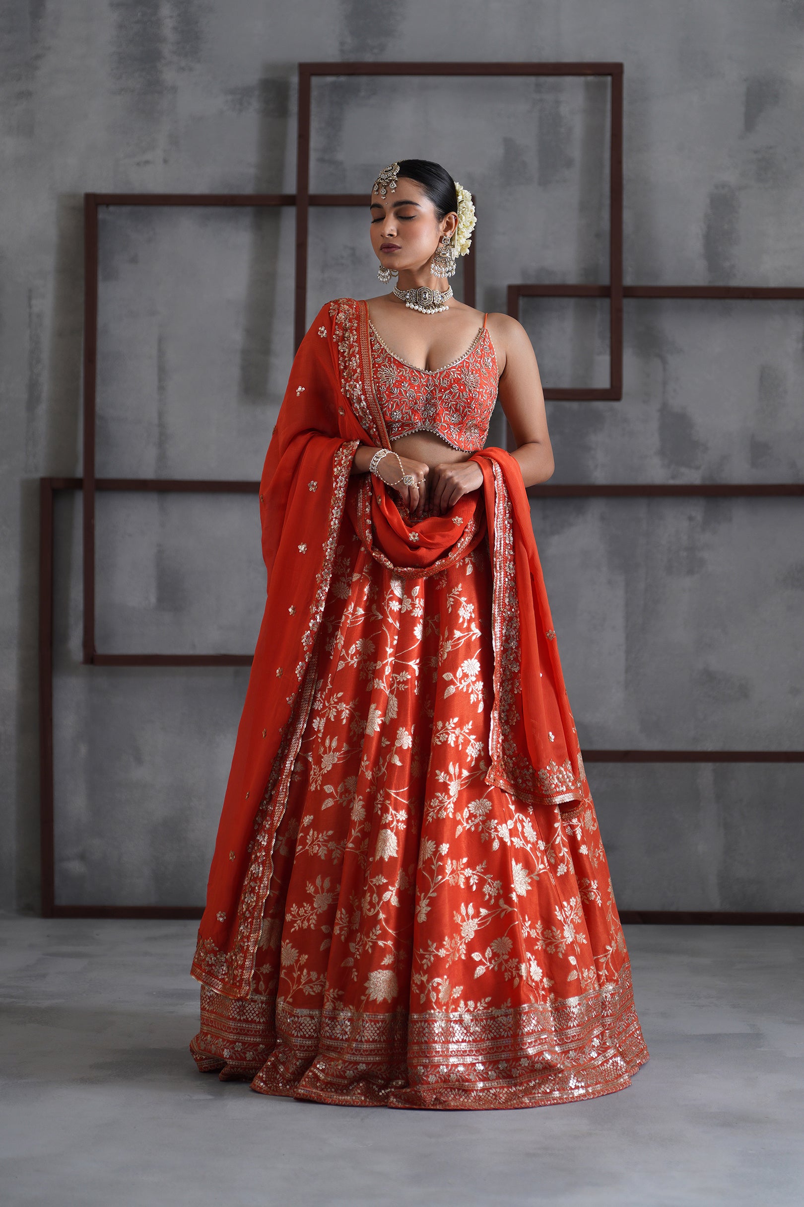 ORANGE EMBROIDERED BUSTIER, BANARSI LEHENGA AND DUPATTA
