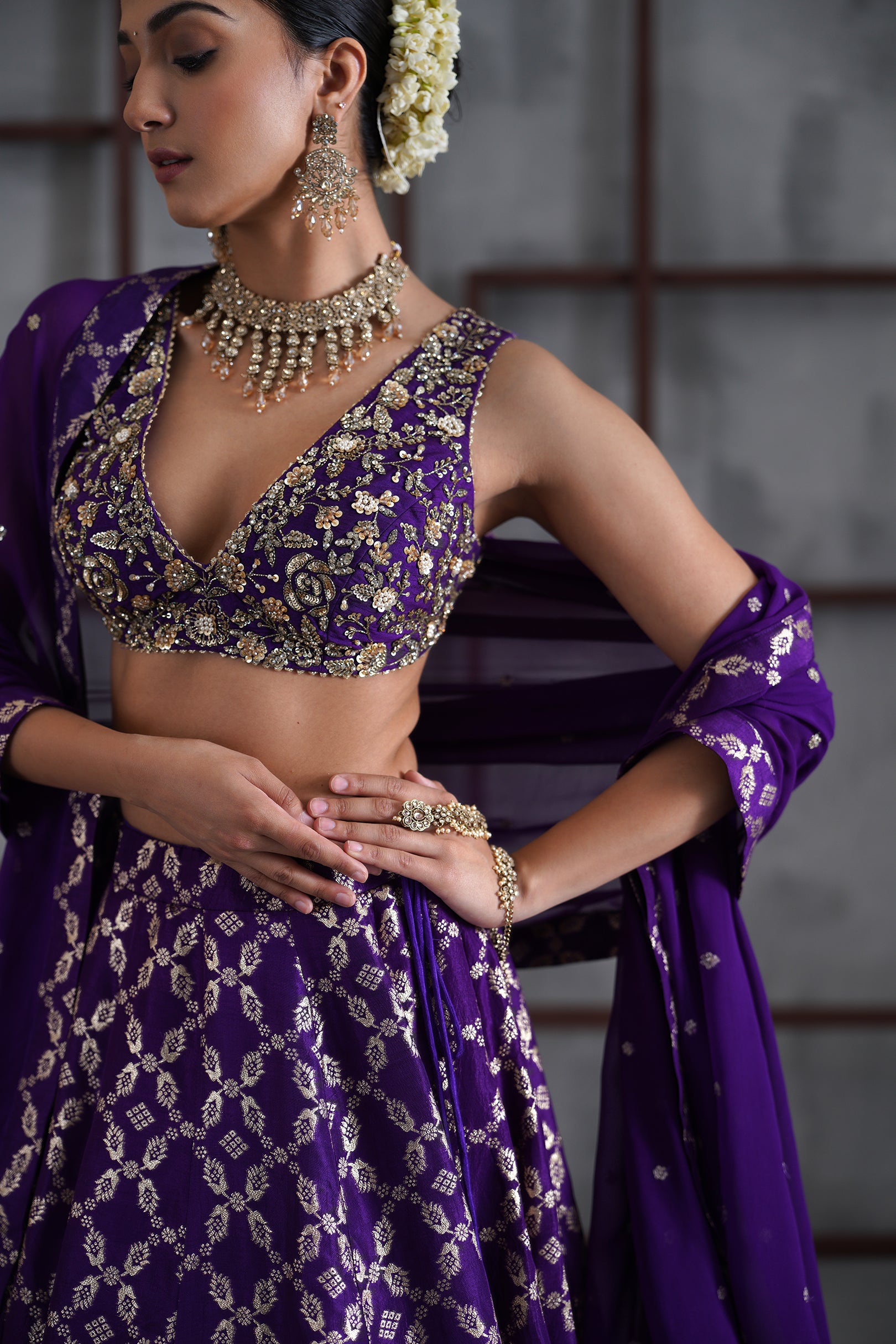 PURPLE EMBROIDERED BLOUSE, BANARSI LEHANGA, DUPATTA