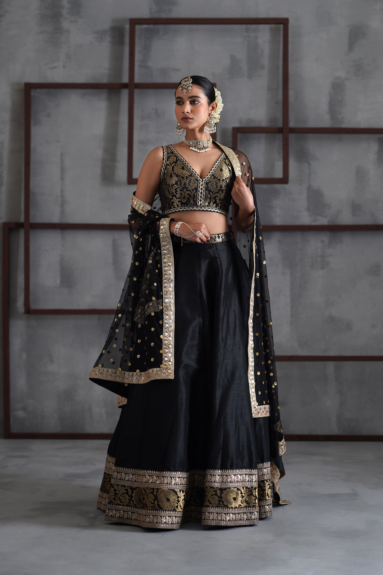 BLACK BROCADE BLOUSE, LEHANGA, DUPATTA