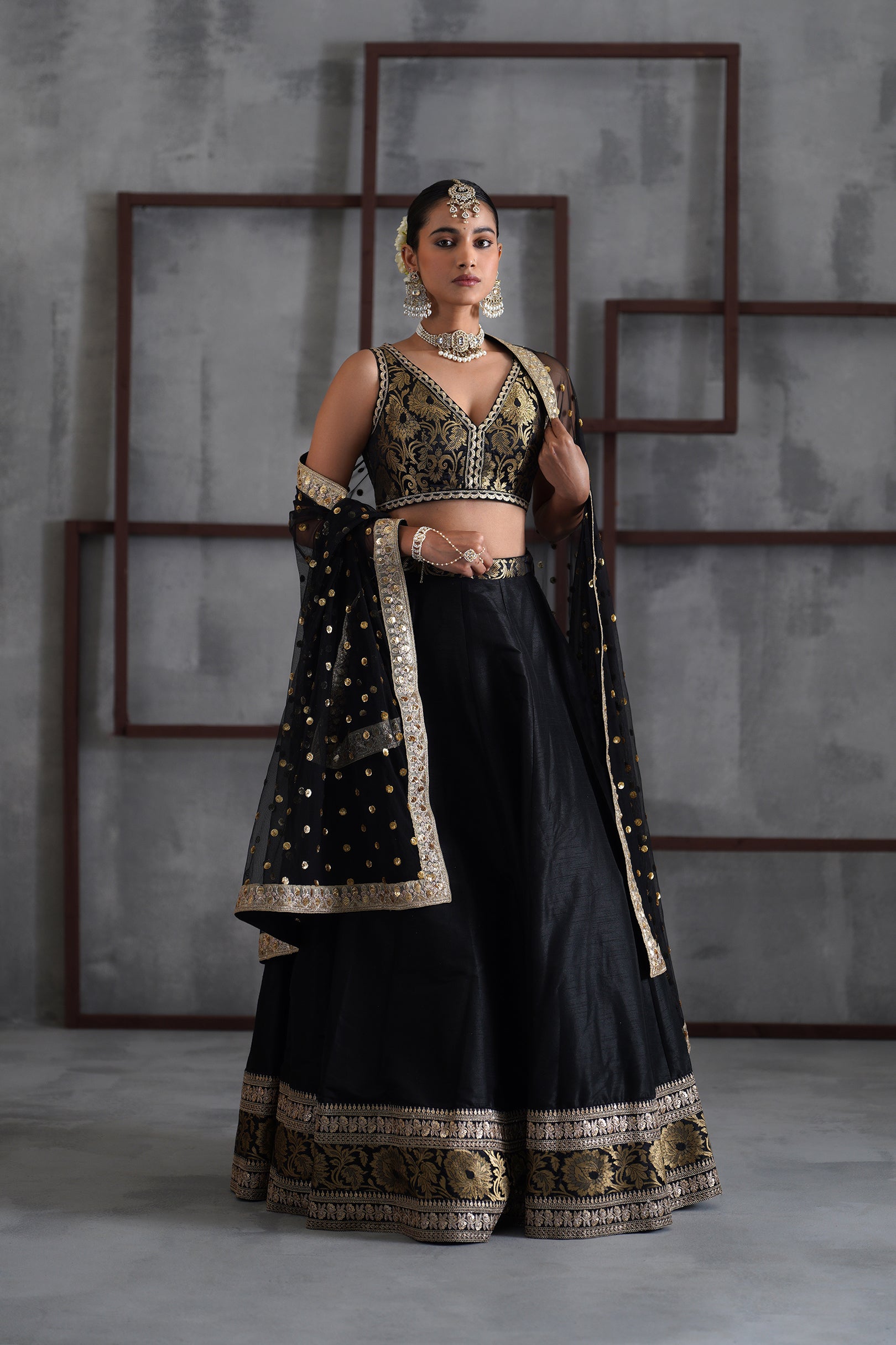 BLACK BROCADE BLOUSE, LEHANGA, DUPATTA