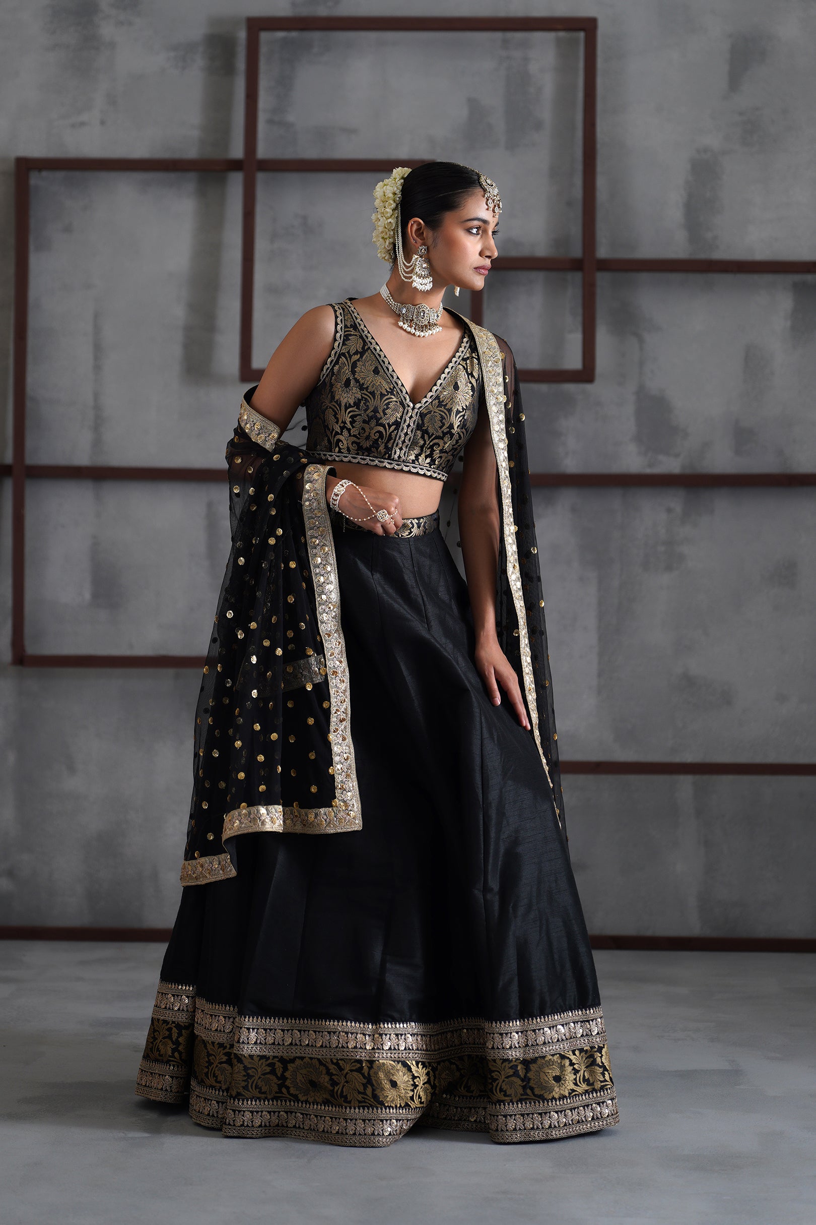 BLACK BROCADE BLOUSE, LEHANGA, DUPATTA